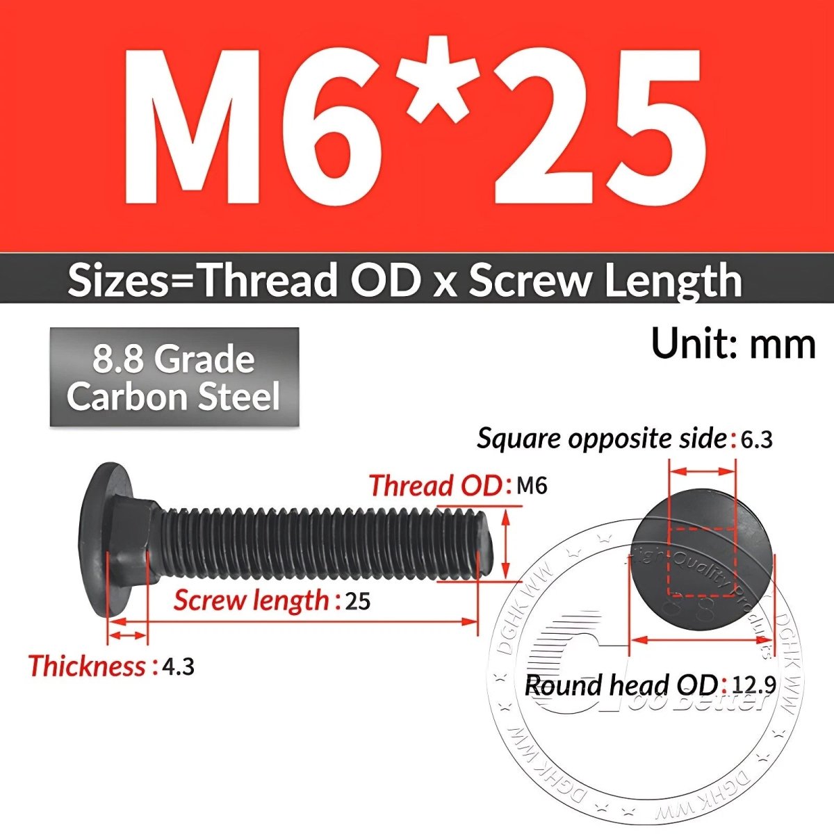 Black 8.8 Grade Steel Carriage Bolts | Cup Square Dome Head | M6–M24 - HomeDIYer