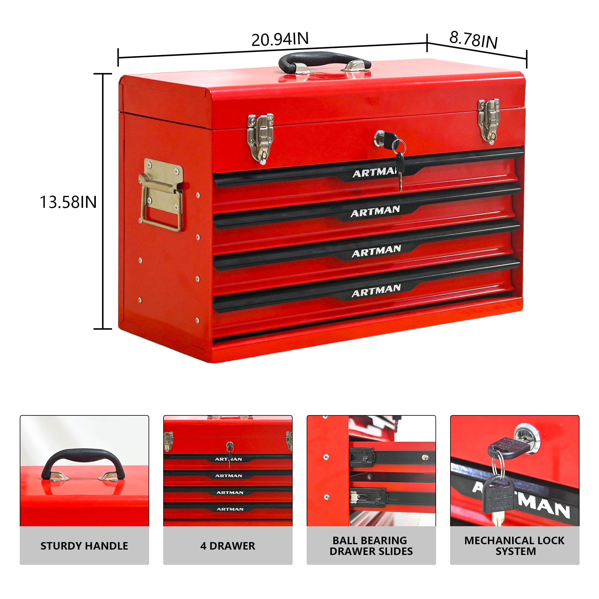 20-inch Steel Tool Box with Drawers – Red Portable Tool Storage Organizer