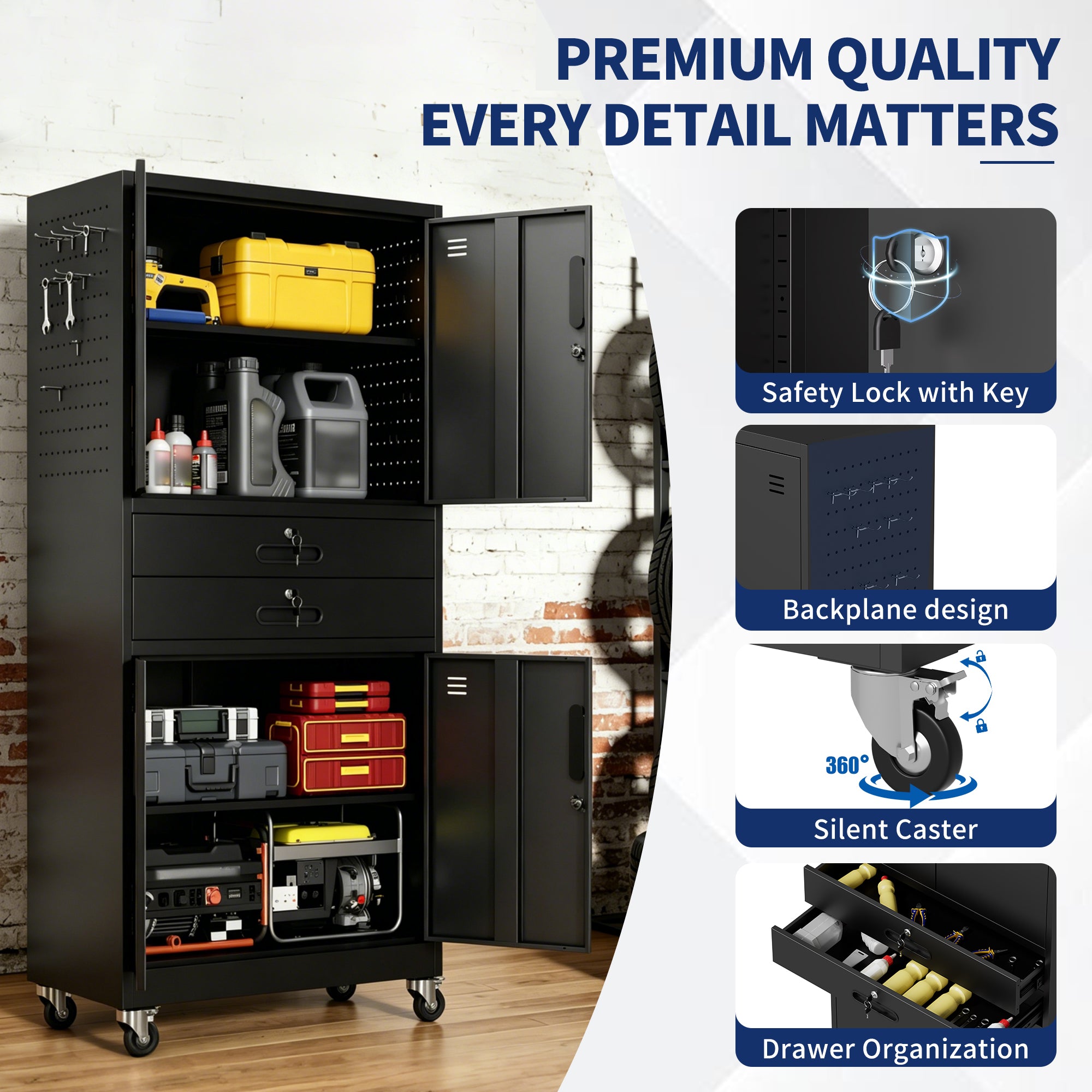 71" Metal Garage Storage Cabinet with Two Drawers, Pegboard Door, Locking Doors & Rolling Wheels, 720 lb Capacity