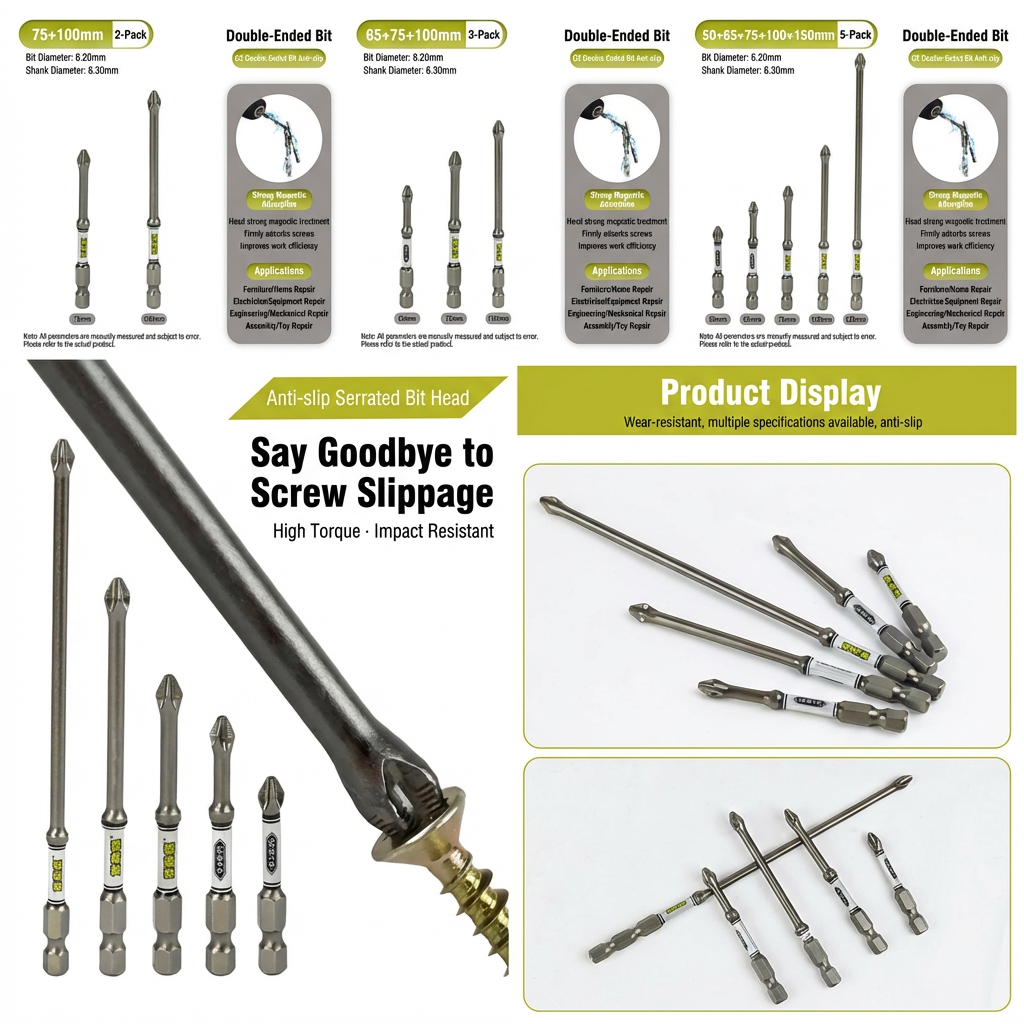 D2 Steel Anti-Slip Magnetic Impact Screwdriver Bits | Nunchaku-Style Single-End Bits