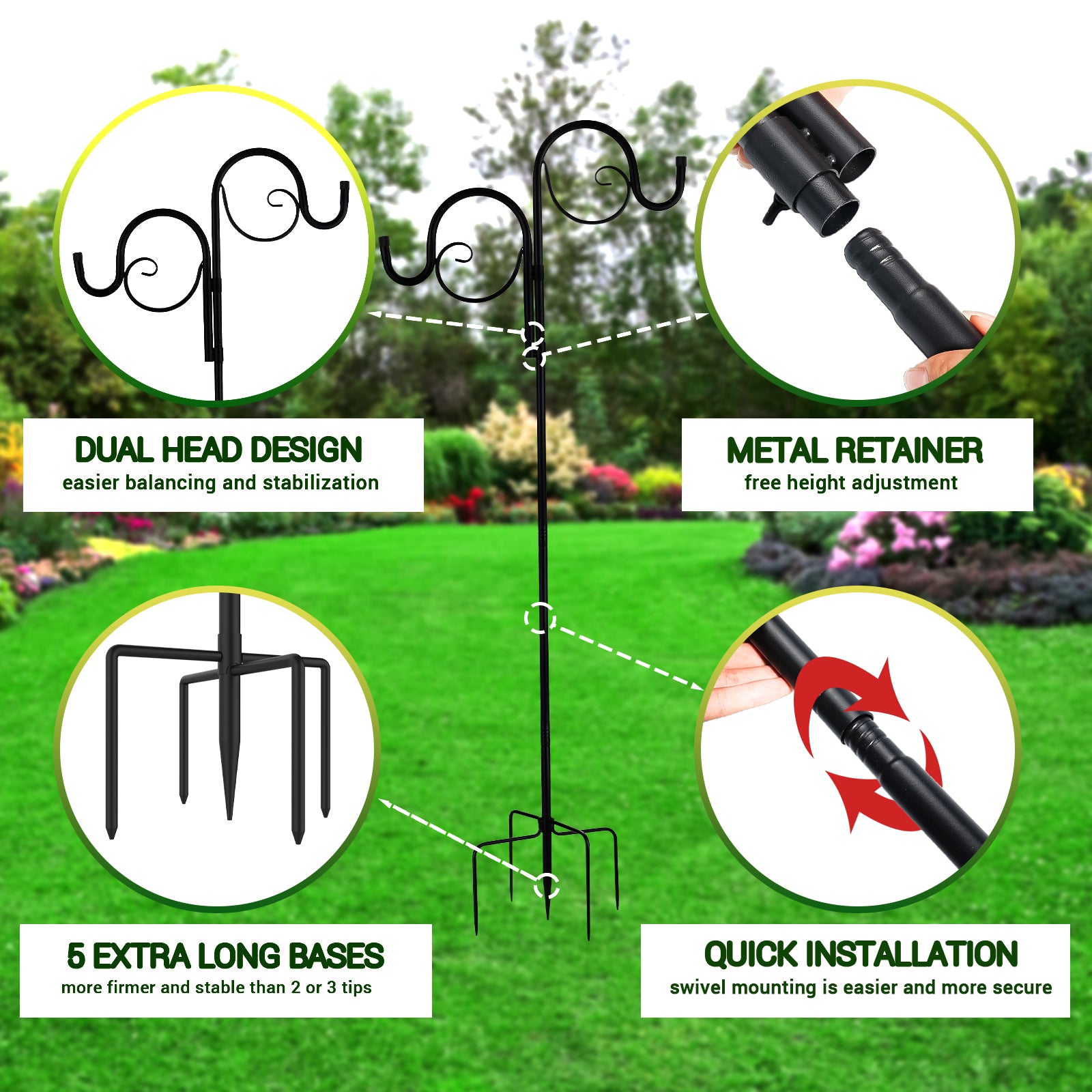 Double-Headed Shepherd's Hook with 5-Prong Base, Adjustable Height 45-92 inch