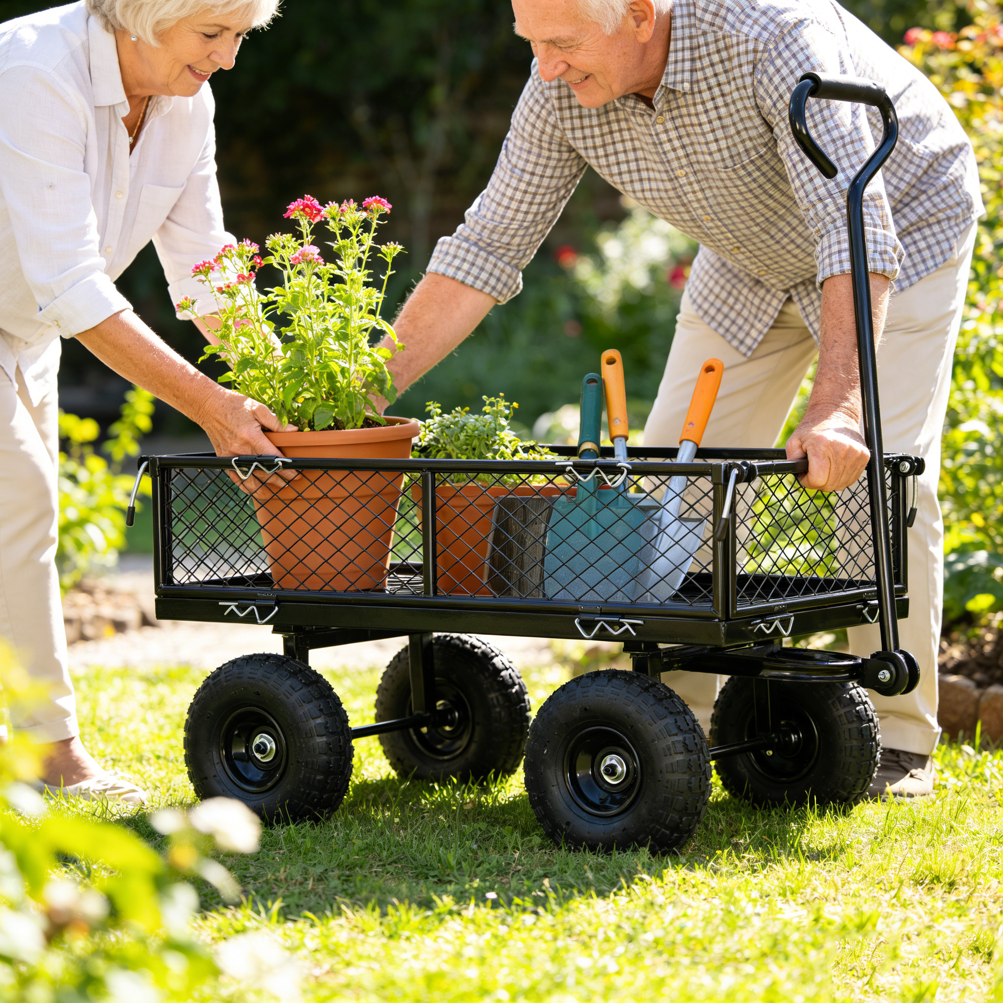 (Black double fence utility cart) Wagon Cart Garden cart trucks make it easier to transport firewood