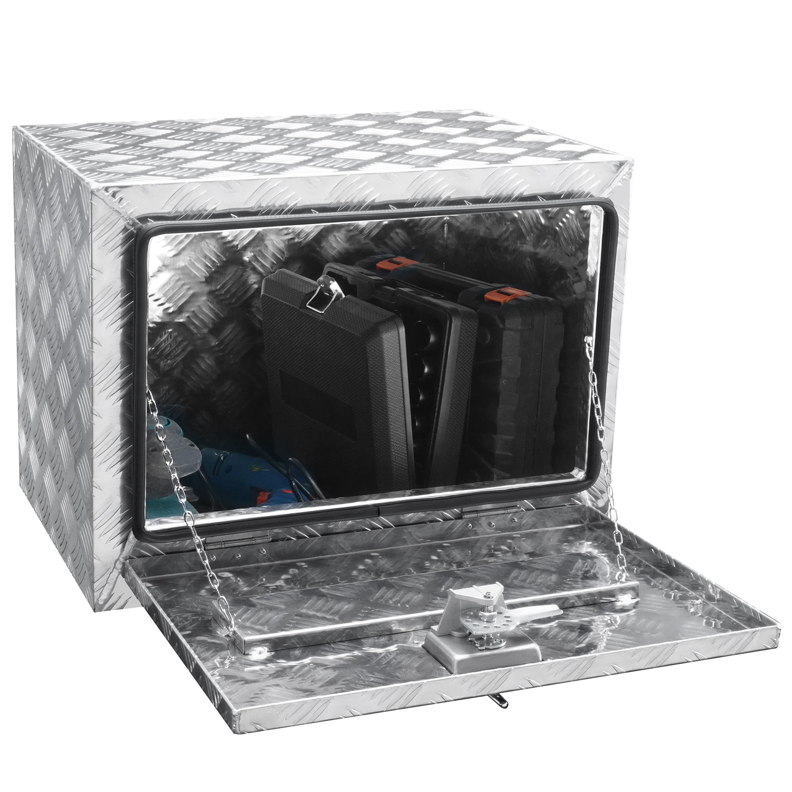 Underbody Truck Box, 24"×17"×18" Pickup Storage Box, Heavy Duty Aluminum Diamond Plate Tool Box with Lock and Keys, Waterproof Trailer Storage Box with T-Handle Latch for Truck, Van, Trailer