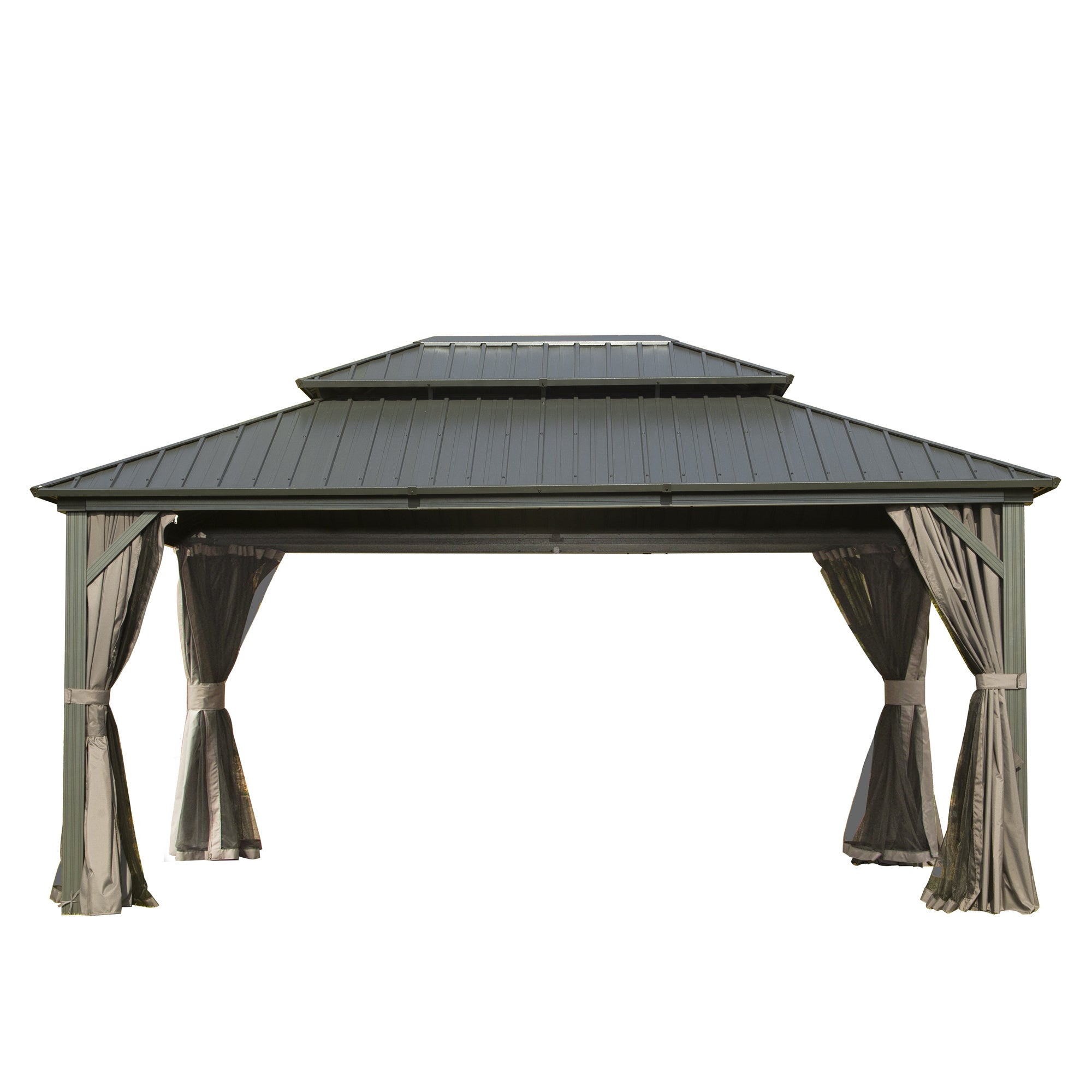 10x14 Hardtop Gazebo, Aluminum Frame, Galvanized Steel Double Roof, Curtains & Bug Netting, Gray