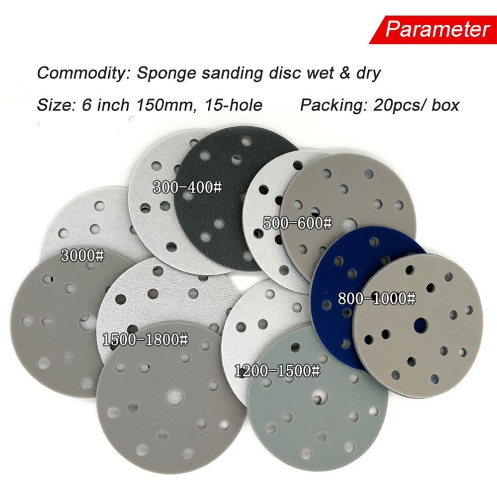 6 Inch（150mm）Hook & Loop Sponge Sandpaper 15 Hole Sanding Discs 300 - 3000 Grit