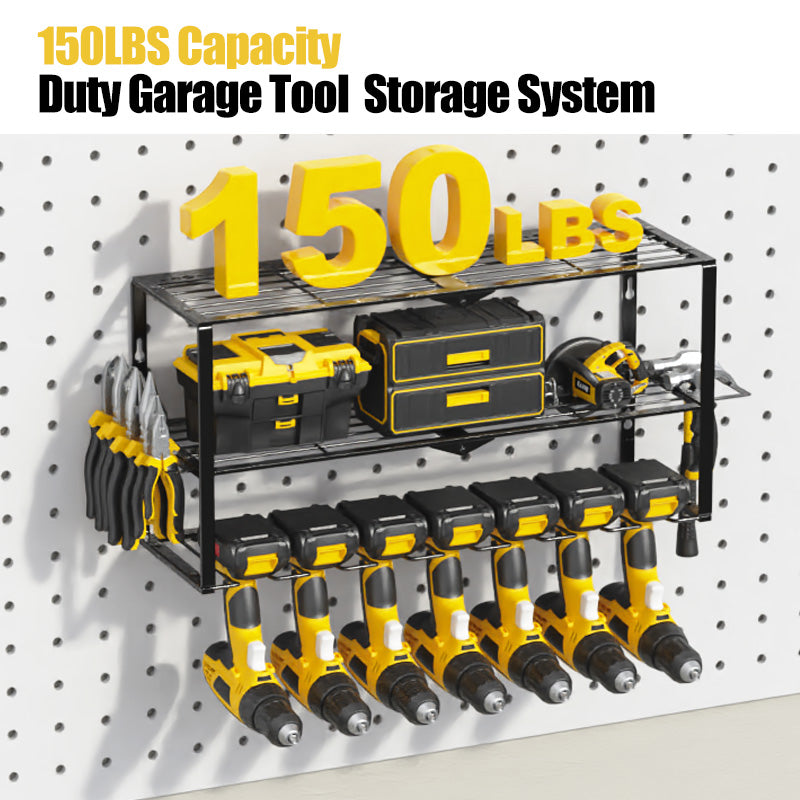 Heavy Duty Metal Power Tool Organizer, 7-Slot Cordless Drill Holder Rack, 150 lb Capacity, Pegboard Compatible, Black