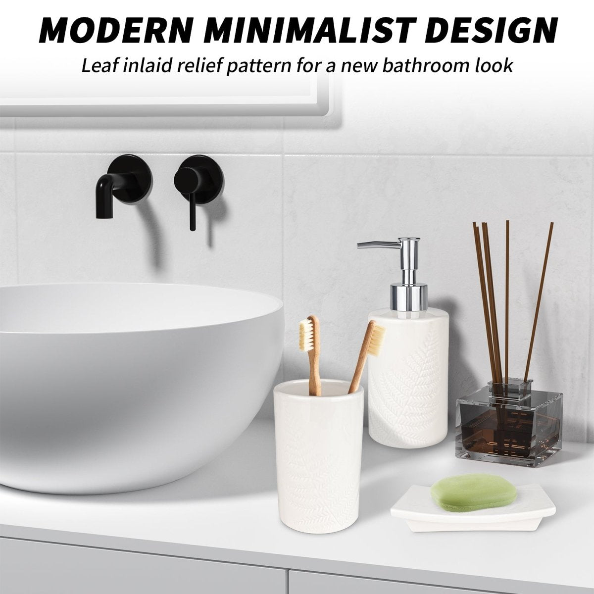 Bathroom Accessory Set, 3 Pcs Ceramic Sets with Toothbrush Holder, Soap Dispenser, Soap Dish, Modern Bathroom Sink Set Vanity Countertop Decor, White Tumbler Cup with Leaf - Look - HomeDIYer