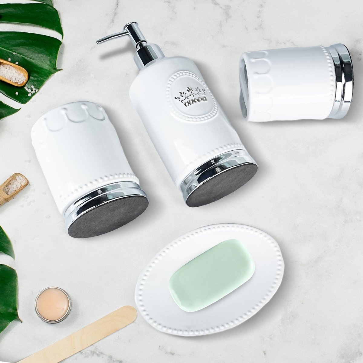 Bathroom Accessory Set, 4 Pcs Ceramic Sets with Crown Motif, Toothbrush Holder, Soap Dispenser, Soap Dish, Tumbler Cup（ White and Silver） - HomeDIYer