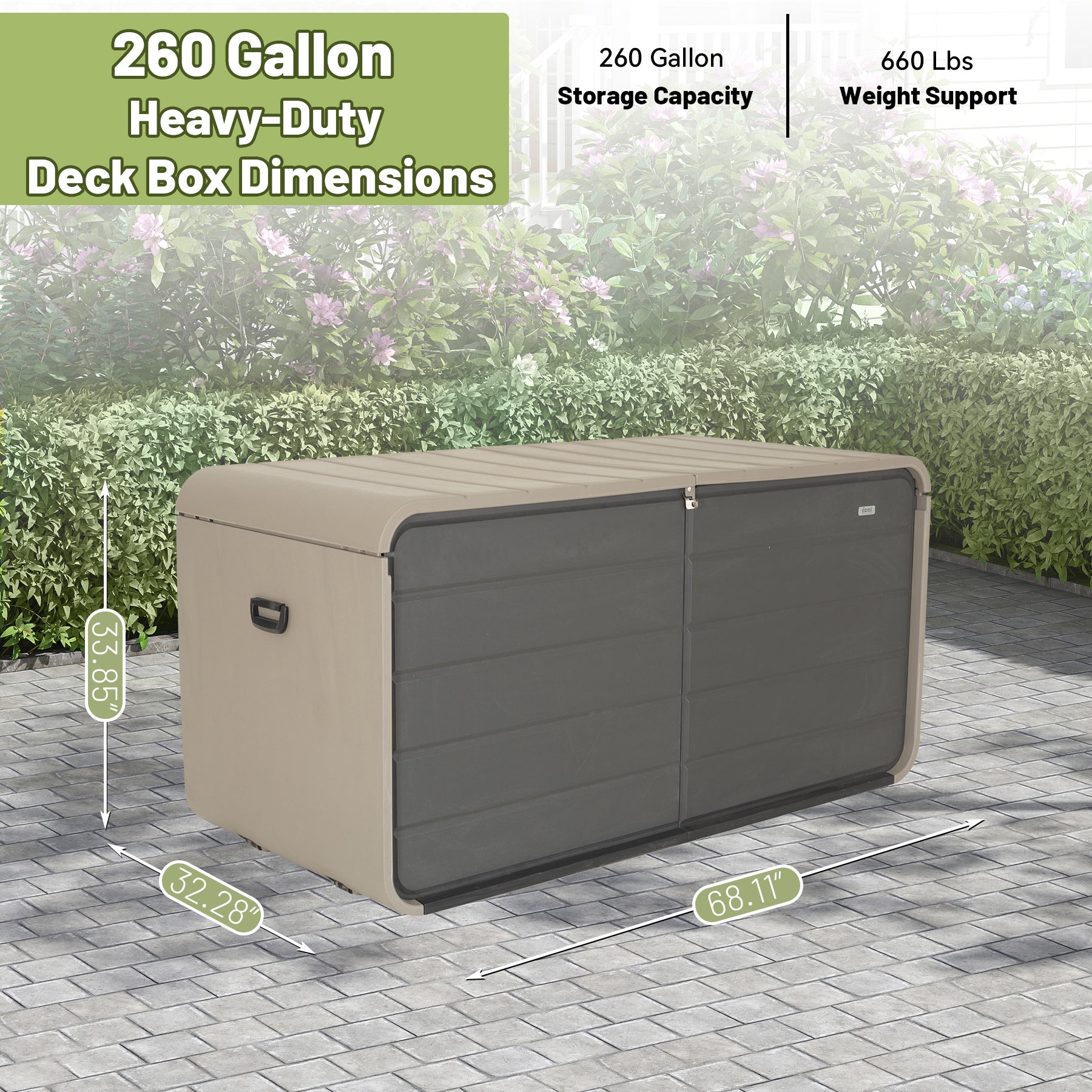 260 Gallon Plastic Deck Box — Extra‑Large Waterproof Outdoor Storage Bench with Wheels & Lock, Gray