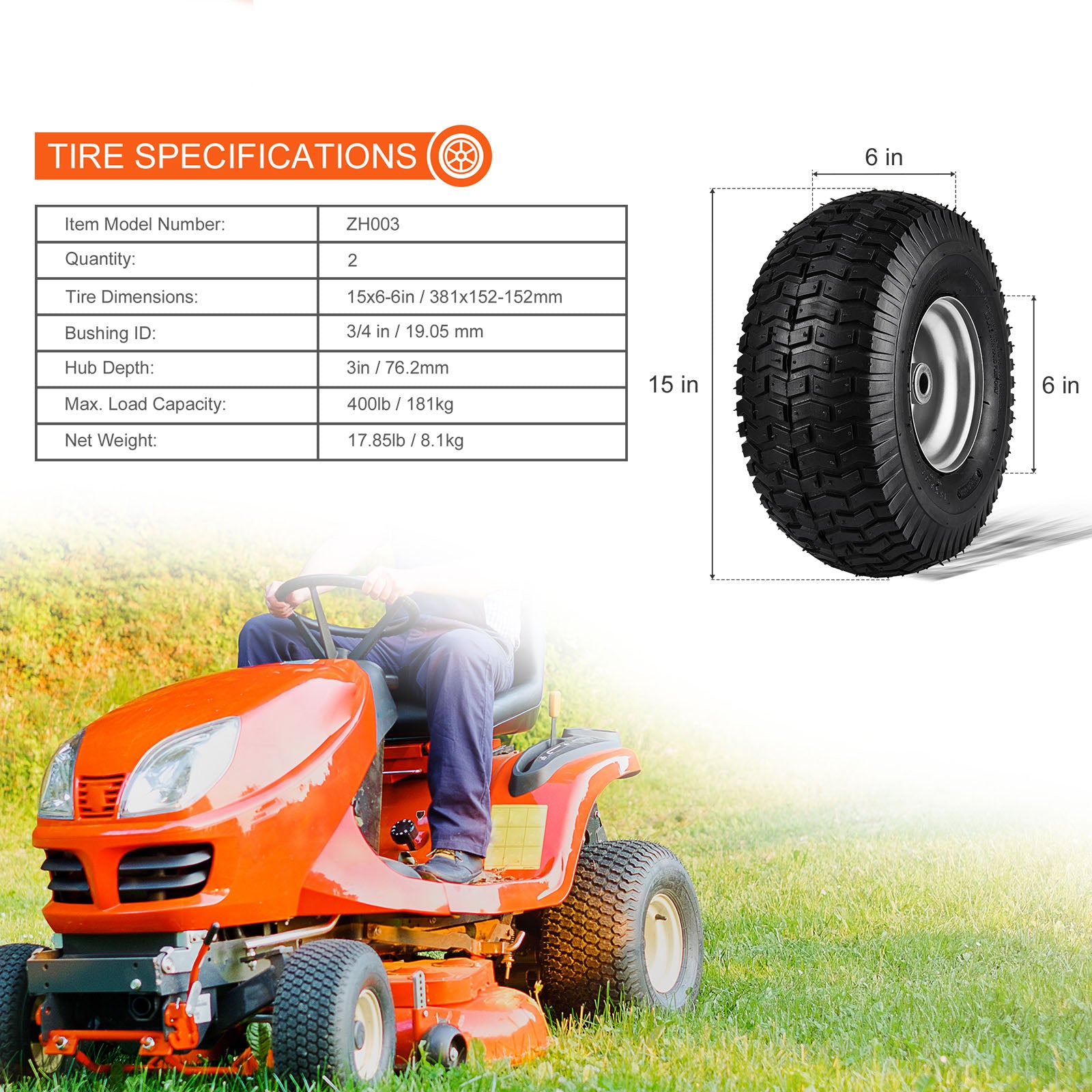 2-Pack 15x6-6" Lawn Tractor Tires – Turf Pneumatic with Rims, 3" Centered Hub, 16 Adapters