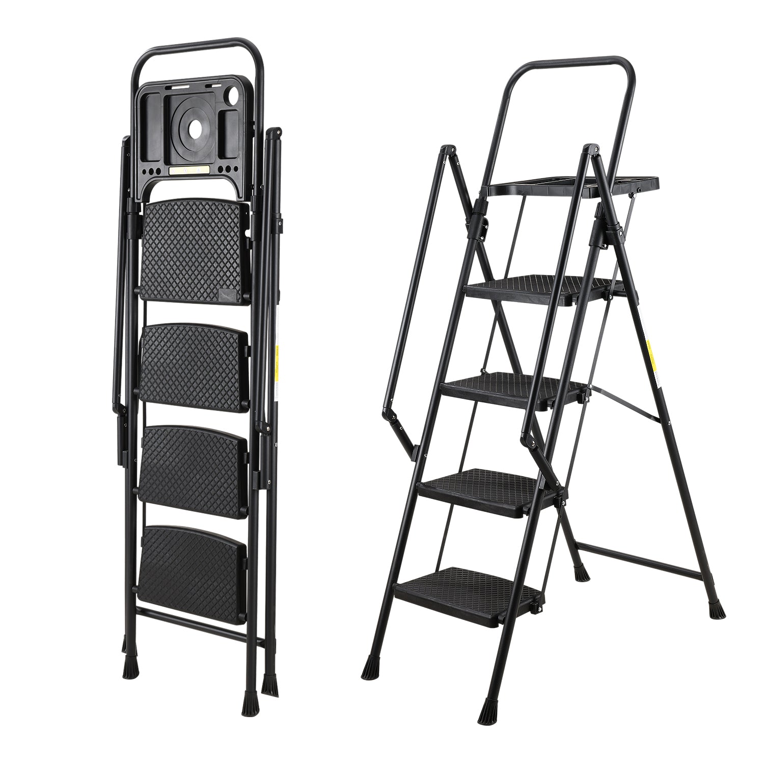 4‑Step Folding Ladder with Non‑Slip Pedals & Tool Tray — 330 lb Capacity, Black Steel, Ideal for Home & Office