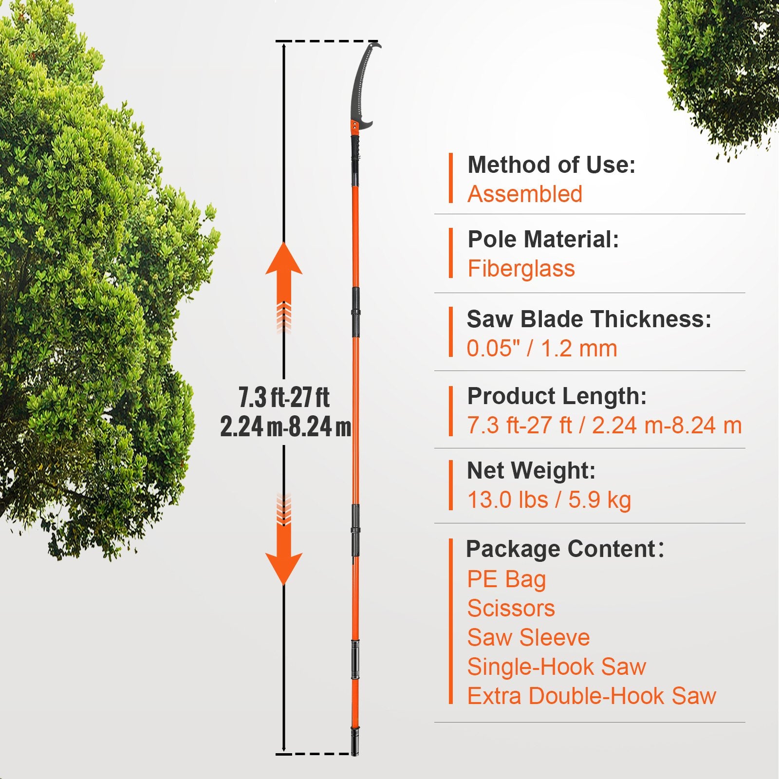 7.3–27 ft Manual Pole Saw & Tree Pruner – 2-in-1 Saw + Scissors with Pulley System, Lightweight Fiberglass Poles