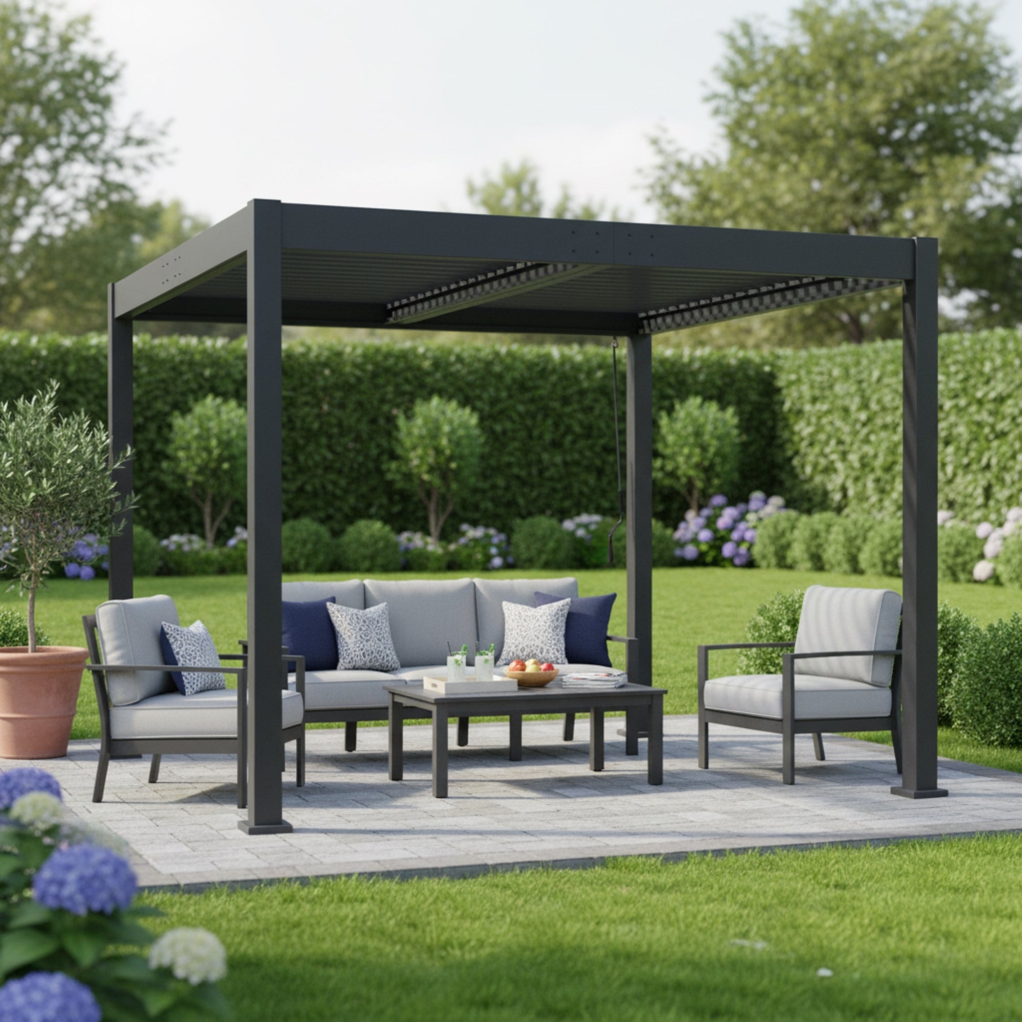 Byron Black Outdoor Pergola, Powder-Coated Aluminum, Adjustable Louvered Roof, 117×117 in