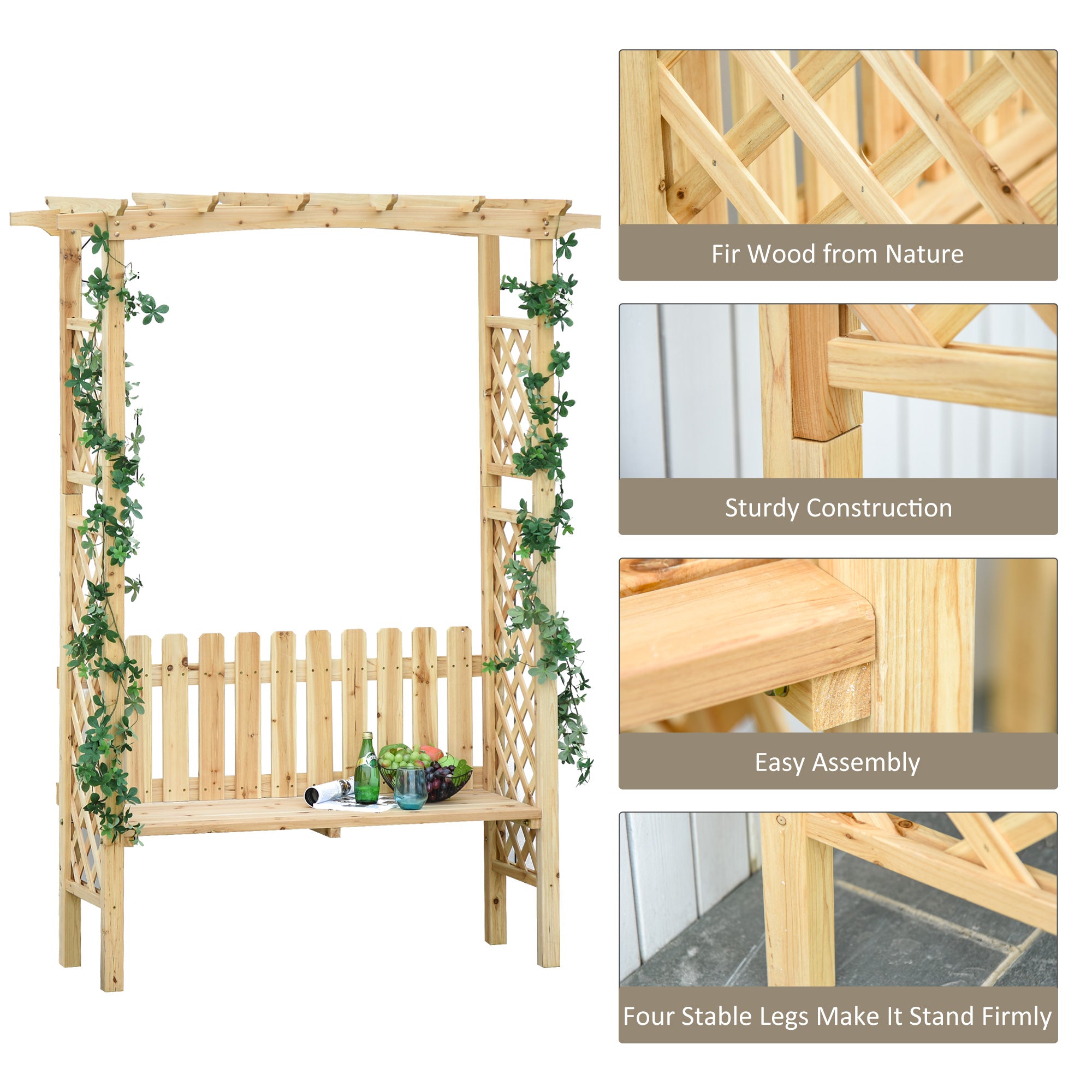 Outsunny Wooden Garden Arbor for Climbing Plants with Garden Bench, Garden Arch to Grow Grapes & Vines, Patio Decor & 2-Person Outdoor Wood Decorative Seating, Natural