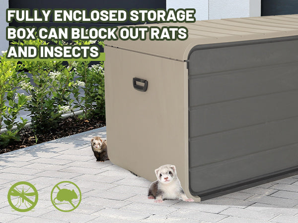 260 Gallon Plastic Deck Box — Extra‑Large Waterproof Outdoor Storage Bench with Wheels & Lock, Gray