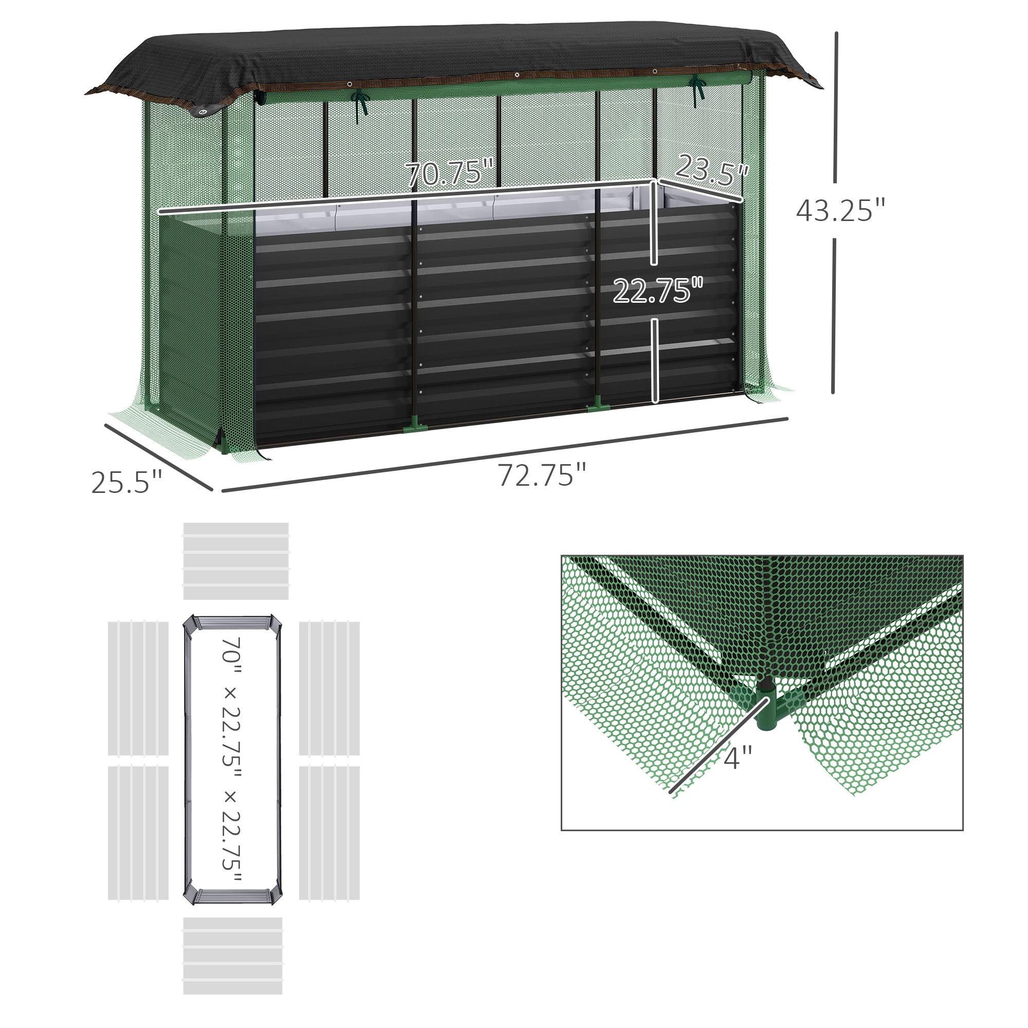 Raised Garden Bed,Galvanized Steel Planter Box with Crop Cage and Shade Cloth,for Flowers, Veggies and Herbs