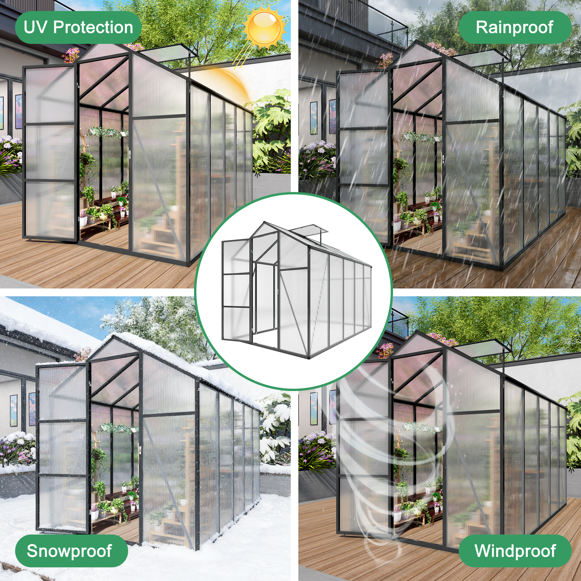 6ft x 10ft Walk‑In Polycarbonate Greenhouse — Sturdy Aluminum Frame Lockable Door Adjustable Vents & UV Protection Black
