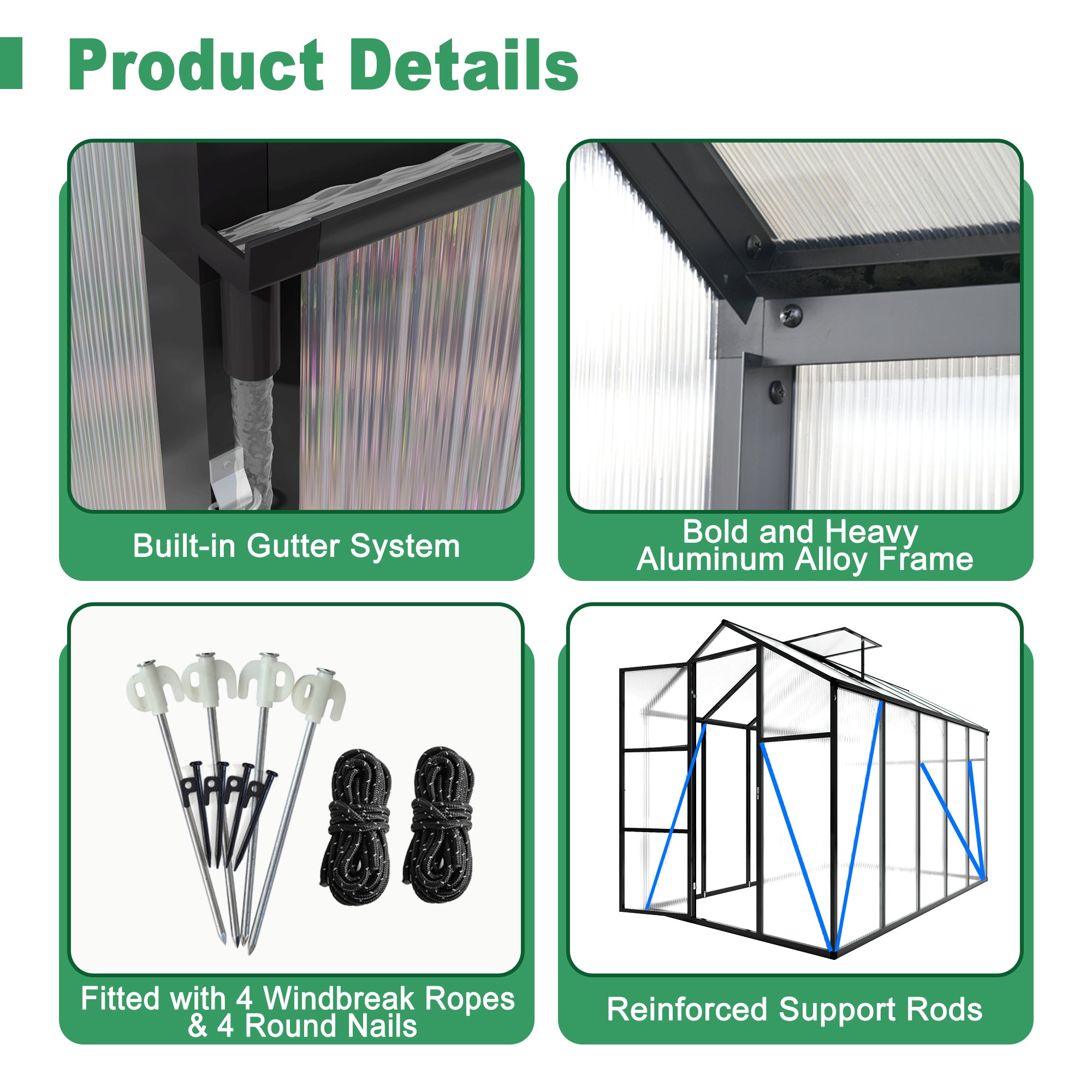 6ft x 10ft Walk‑In Polycarbonate Greenhouse — Sturdy Aluminum Frame Lockable Door Adjustable Vents & UV Protection Black