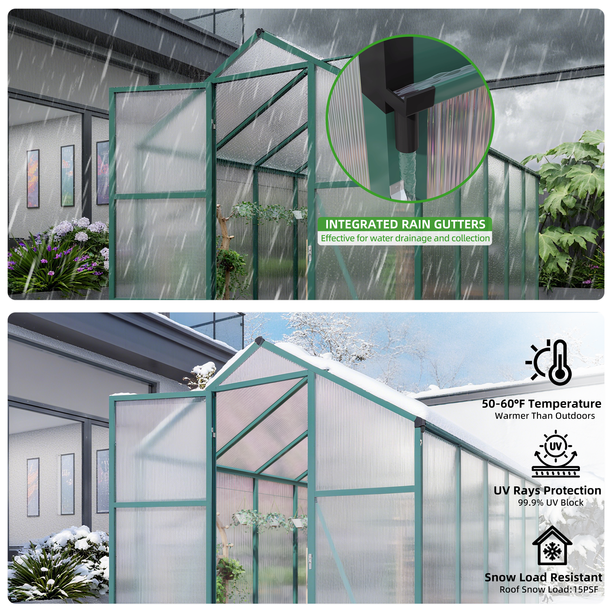 6ft x 10ft Heavy‑Duty Aluminum Walk‑In Greenhouse — Raised Base Polycarbonate Panels & Drainage System Green