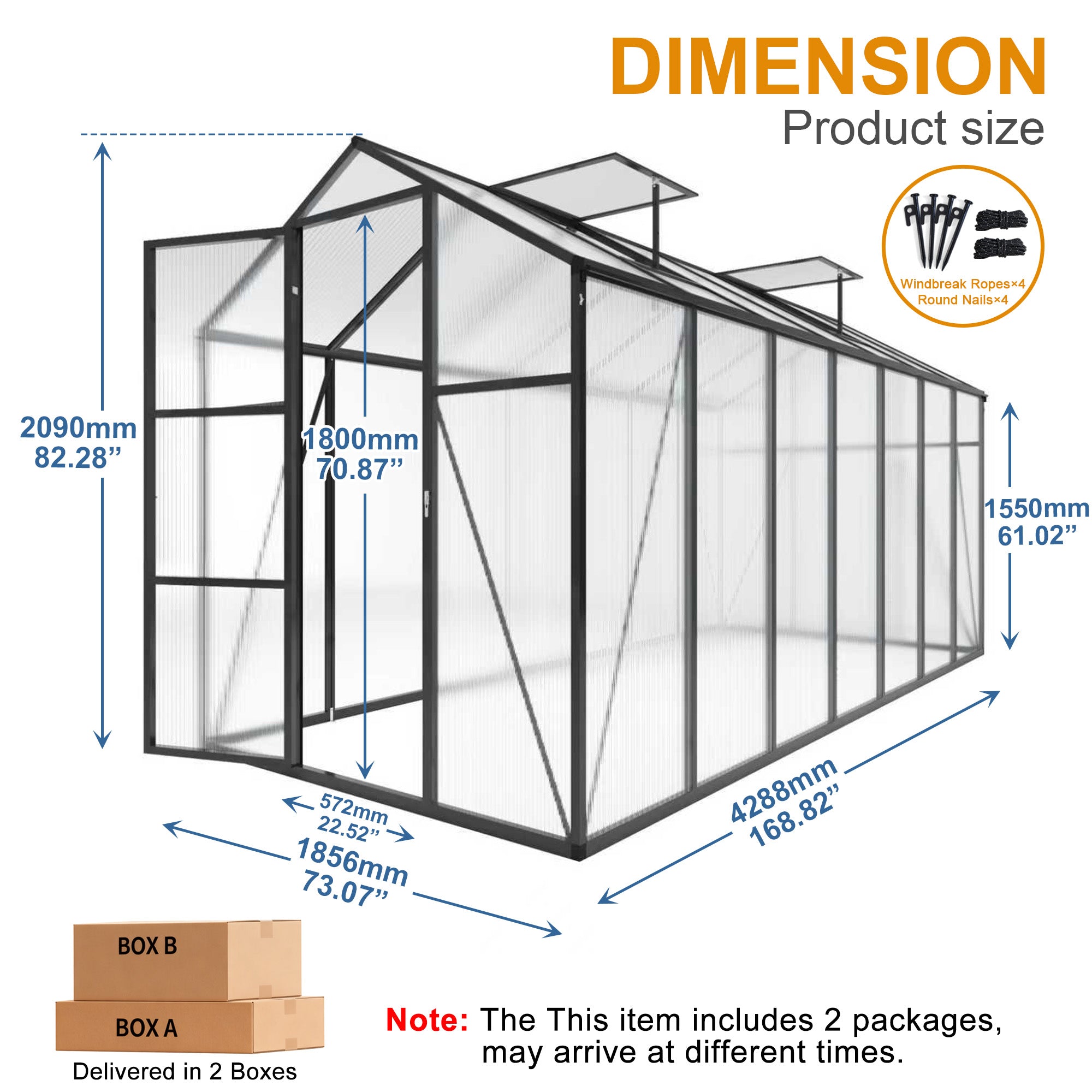 6ft x 14ft Walk‑In Polycarbonate Greenhouse — Sturdy Aluminum Frame Lockable Door Adjustable Vents & UV Protection Black