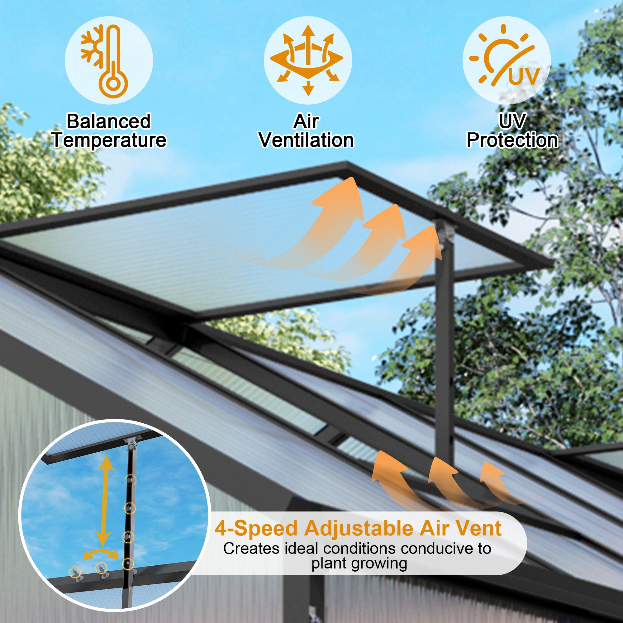 6ft x 14ft Walk‑In Polycarbonate Greenhouse — Sturdy Aluminum Frame Lockable Door Adjustable Vents & UV Protection Black