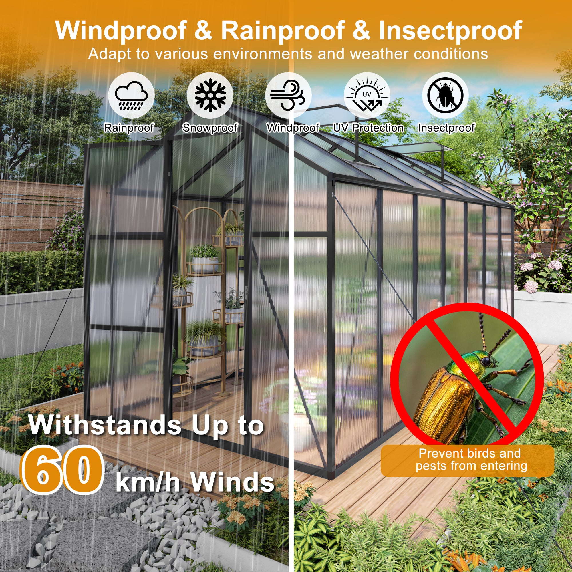 6ft x 14ft Walk‑In Polycarbonate Greenhouse — Sturdy Aluminum Frame Lockable Door Adjustable Vents & UV Protection Black