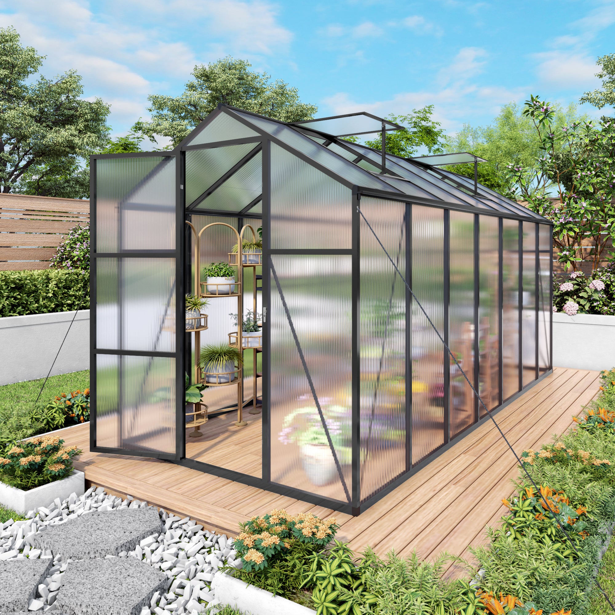 6ft x 14ft Walk‑In Polycarbonate Greenhouse — Sturdy Aluminum Frame Lockable Door Adjustable Vents & UV Protection Black
