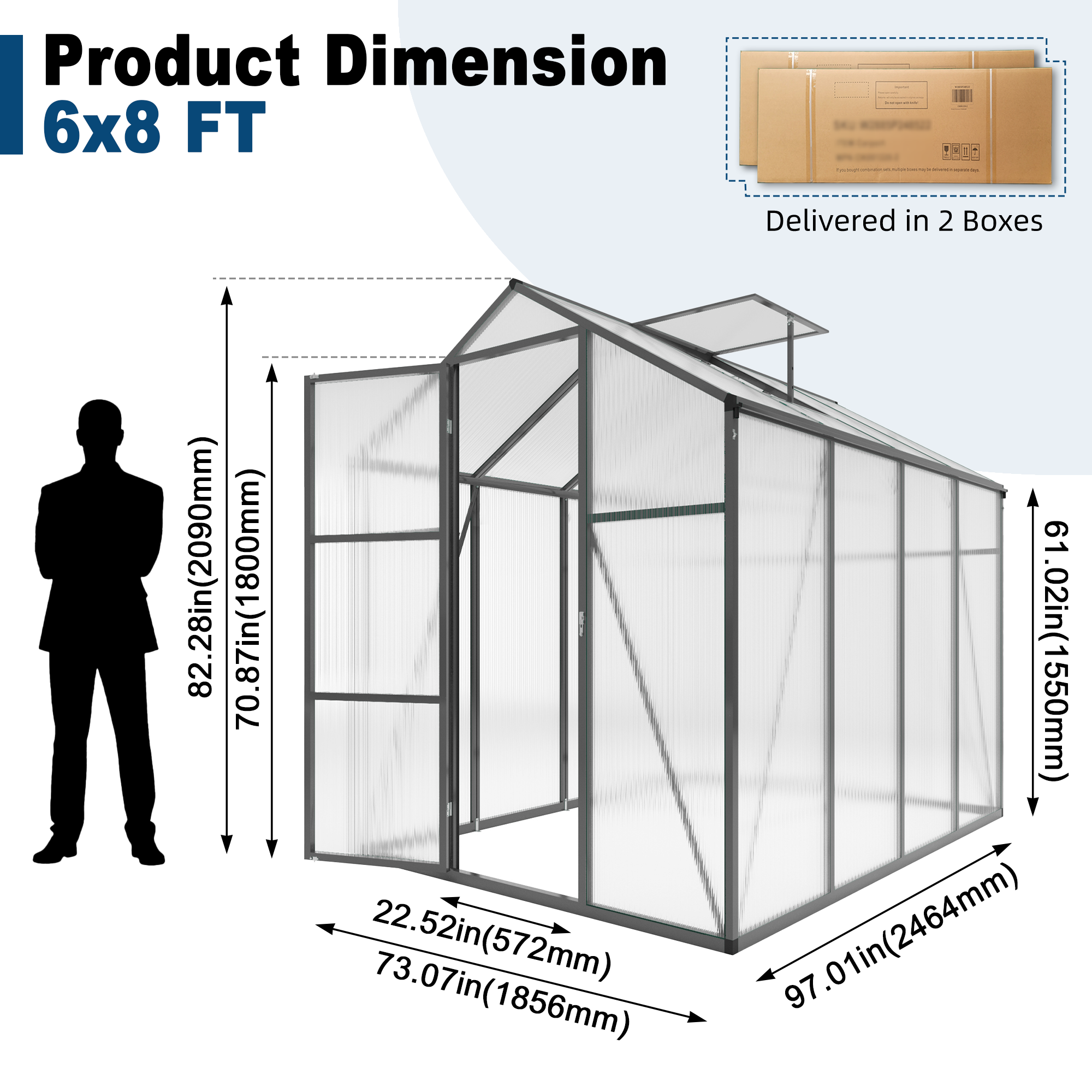 6ft x 8ft Walk‑In Polycarbonate Greenhouse — Sturdy Aluminum Frame Lockable Door Adjustable Vents & UV Protection Black