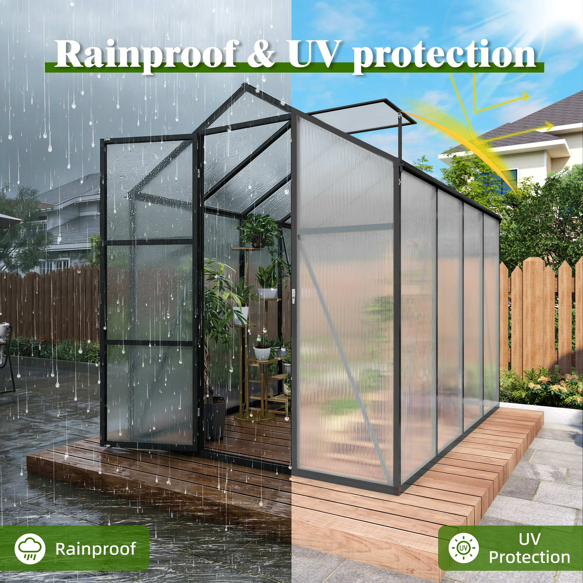 6ft x 8ft Walk‑In Polycarbonate Greenhouse — Sturdy Aluminum Frame Lockable Door Adjustable Vents & UV Protection Black