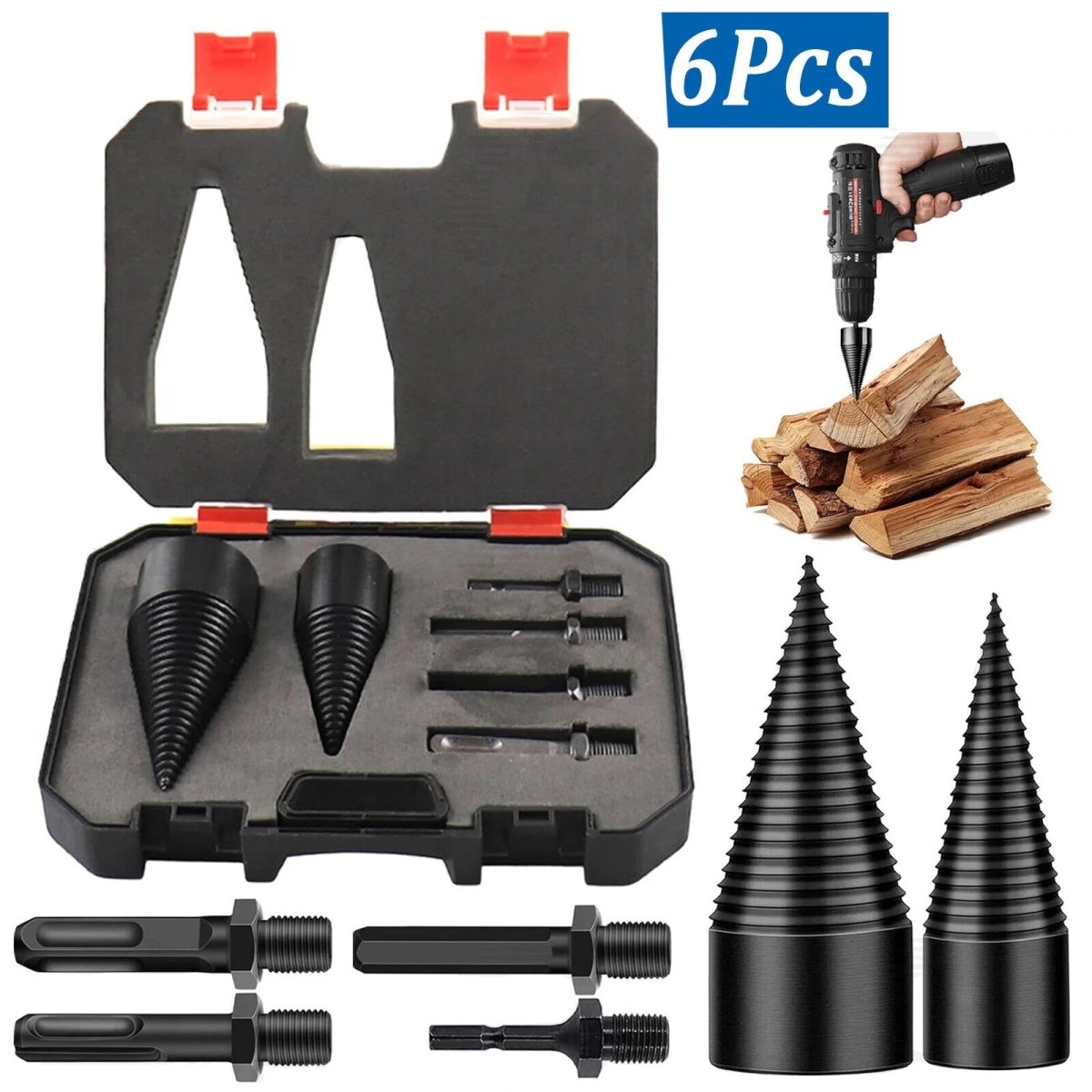 6x Wood Splitter High Speed Twist Firewood Drill Bit Screw Splitting Cone Driver - HomeDIYer