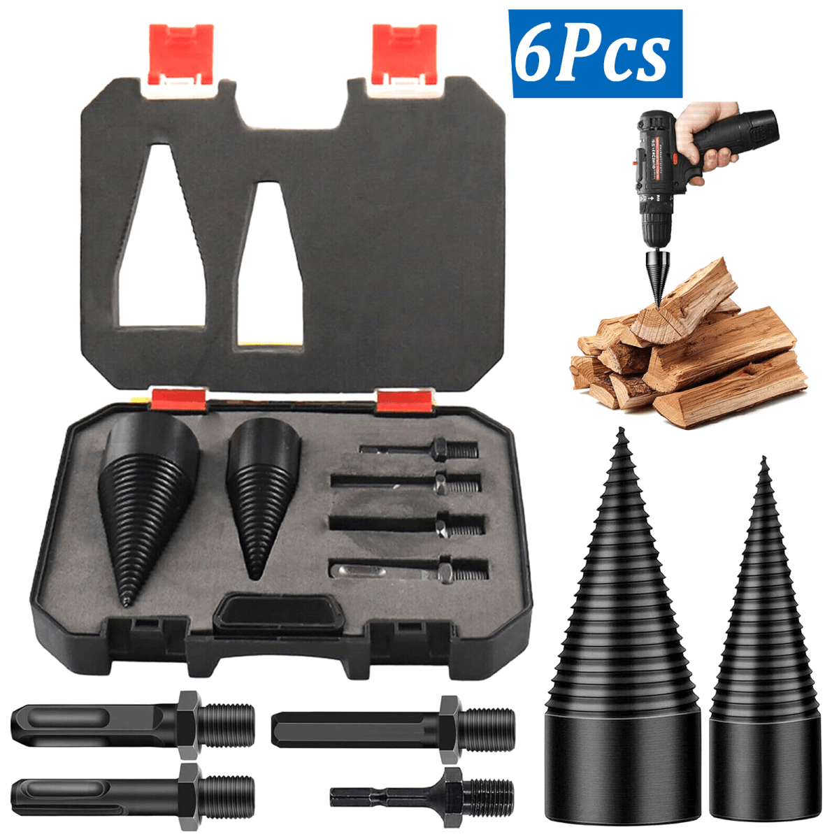 6x Wood Splitter High Speed Twist Firewood Drill Bit Screw Splitting Cone Driver - HomeDIYer