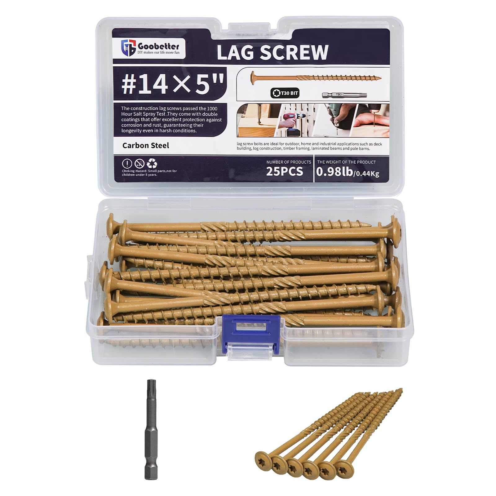 Lag Screws 5 Inch, 25PCS Heavy Duty Construction Screw, Structural Wood Screw #14 x 5, Rust Resistant, Washer Head, Yellow Coated Exterior Wood/Lag Screws, Star Drive with Bit