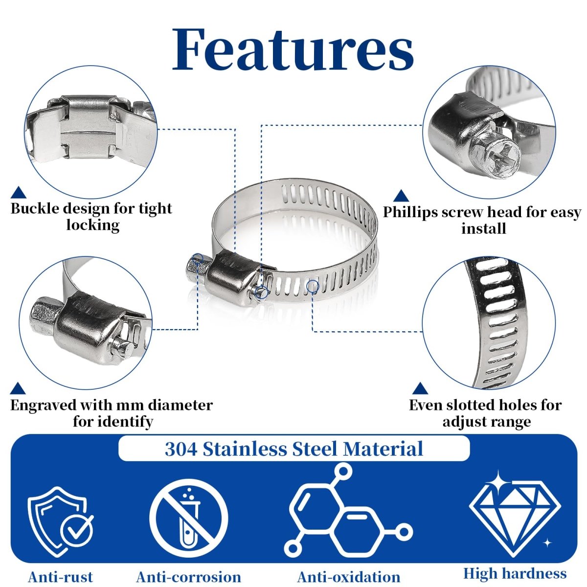180 Pcs Hose Clamps Stainless Steel, Small Hose Clamps Assortment, 1/4 - 2 in (6 - 51mm) Adjustable Worm Gear Hose Clamps Heavy Duty for Plumbing, Dishwasher, Automotive, Washing Machine - HomeDIYer