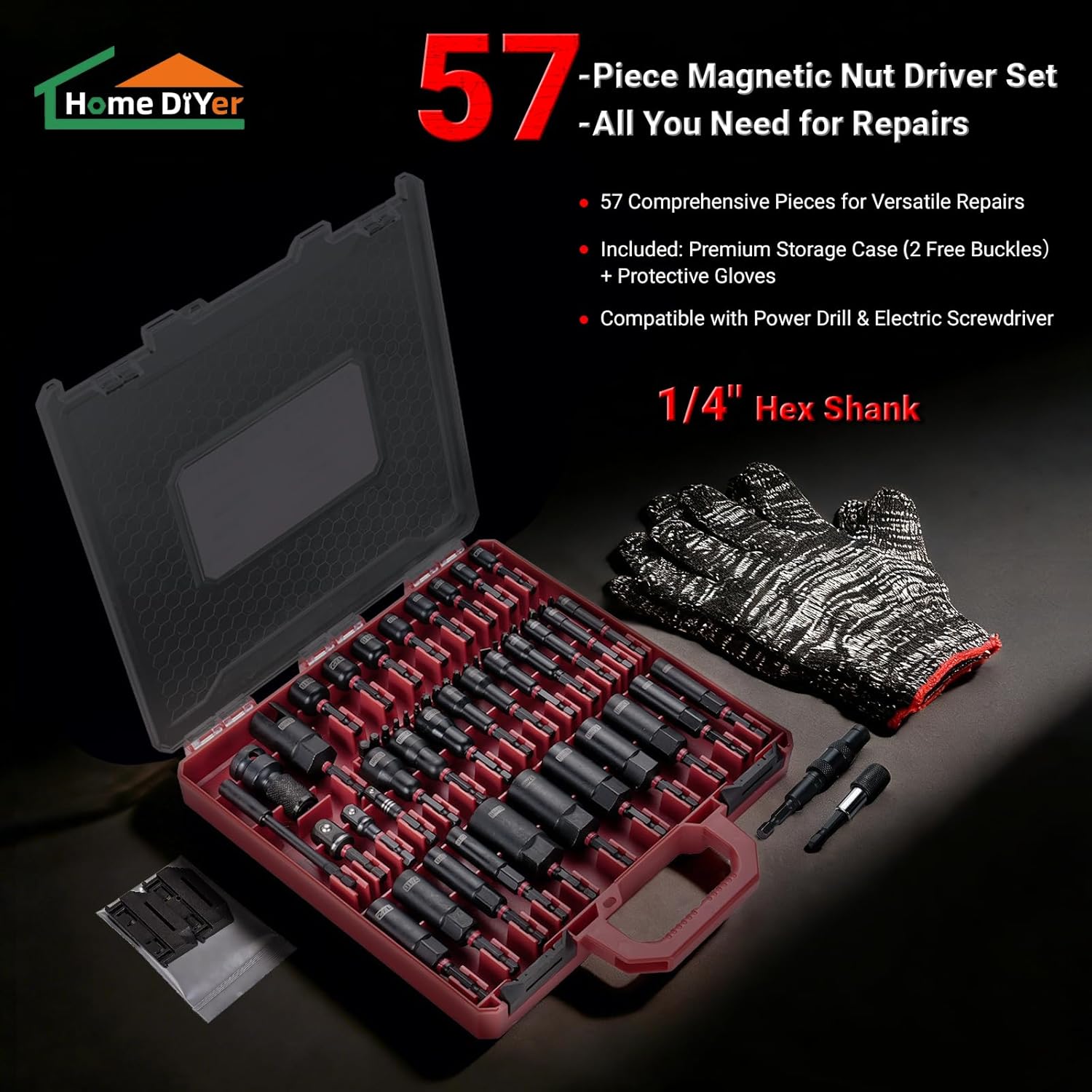 Magnetic Impact Nut Driver Set, 57PCS Nut Driver Set for Impact Drill, Impact Driver Socket Set with SAE & Metric Deep Nut Drivers, Socket Adapters, Wing Nut Driver, Quick Release Extension-HomeDIYer