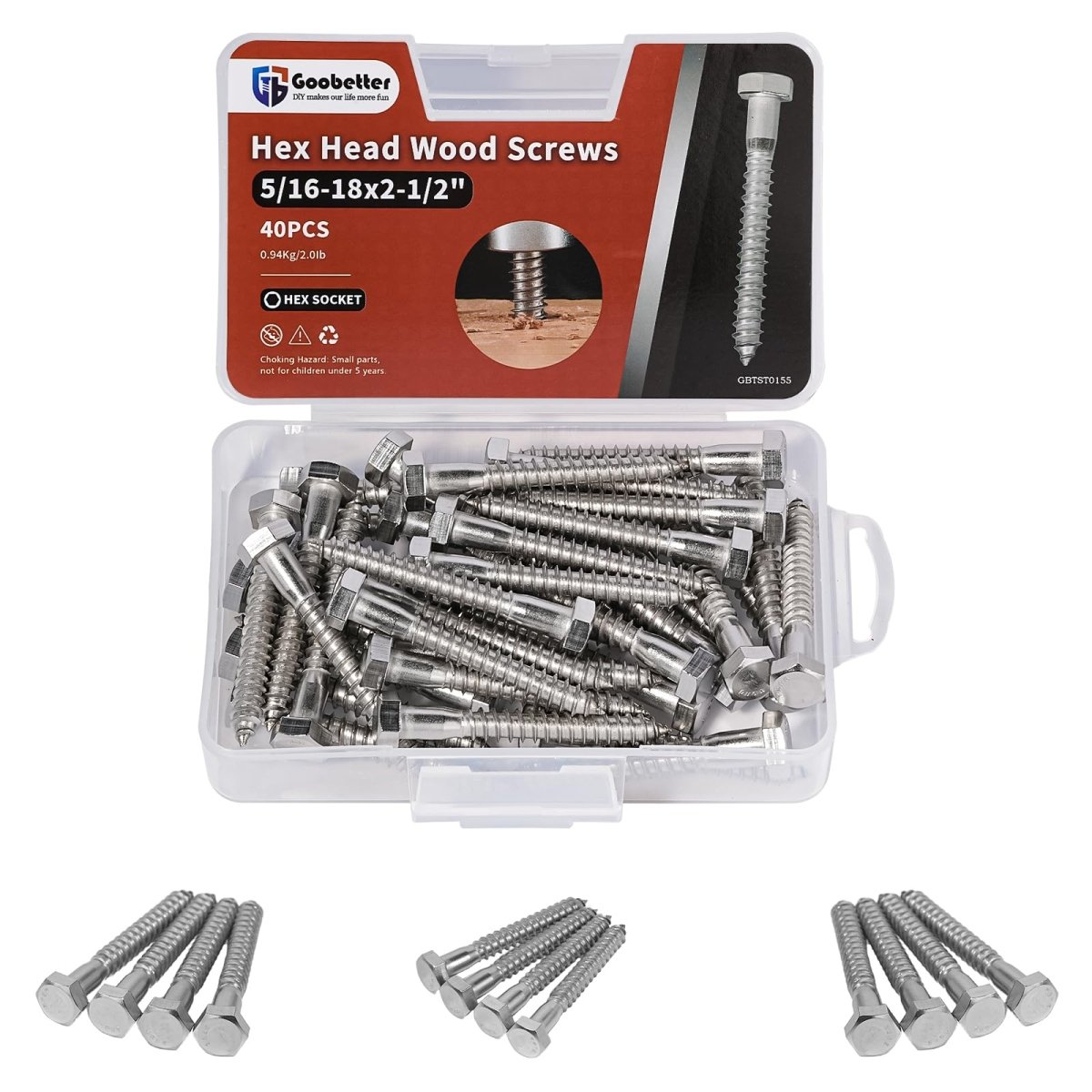 Hex Head Wood Screws for Woodworking, Furniture - 304 Stainless Steel Partial Thread Hexagon Head Lag Screws for Wood - Silver - HomeDIYer