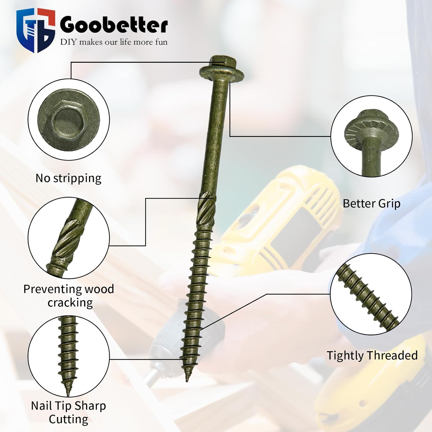 50PCS 10-Inch Structural Wood Screws – #14 x 10" Heavy Duty Timber Screws, Green Coated, Washer Head, Rust Resistant