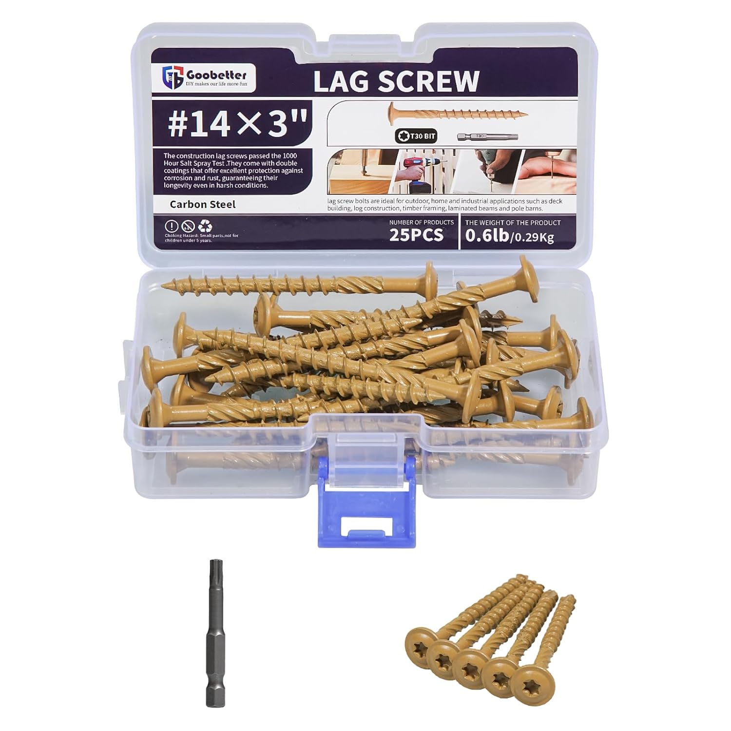 Goobetter 25 Pack 3-Inch Heavy Duty Lag Screws - #14 x 3 Structural Wood Screws, Yellow Anti-Corrosion Coating, T30 Star Drive, Washer Head for Decks & Timber Framing