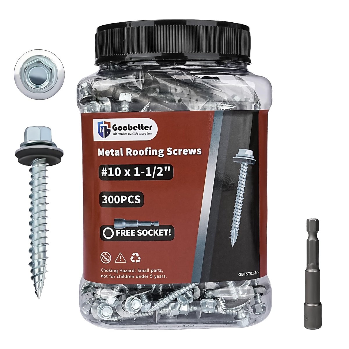 10 x 1" Hex Head Sheet Metal Roof Screws, Galvanized Coating Metal to Wood siding Screws, Hex Socket Included 300Pcs - HomeDIYer