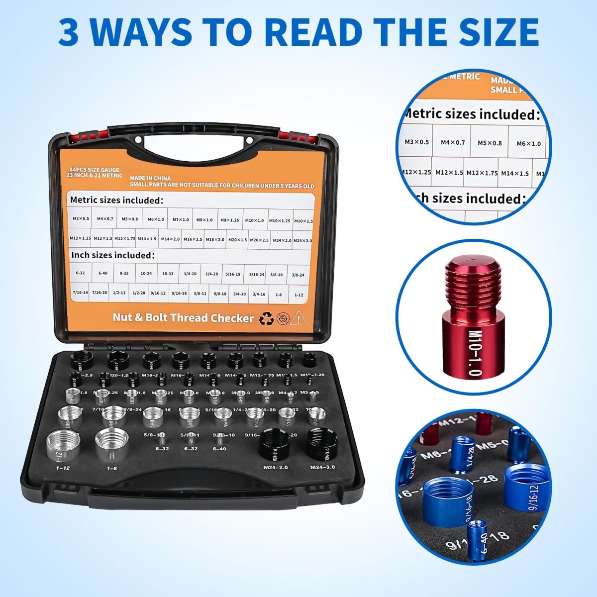 Nut and Bolt Thread Checker Standard and Metric, 44 Male/Female Bolt Size Finder Thread Gauge (23 Standard & 21 Metric), for Bolt and Nut Size Chart in Narrow Areas (Silver & Black) - HomeDIYer