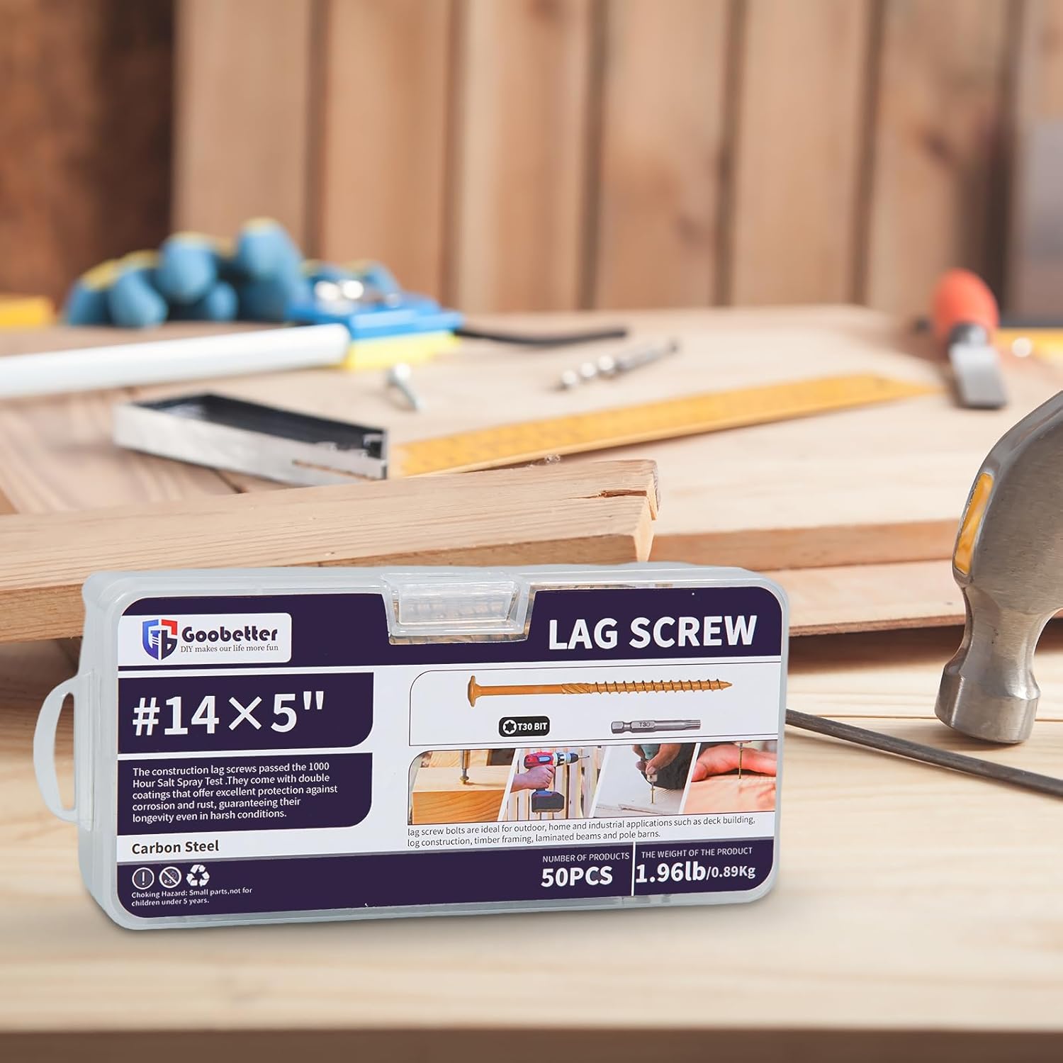 Goobetter 50 Pack 5-Inch Heavy Duty Lag Screws - #14 x 5 Structural Wood Screws, Yellow Anti-Corrosion Coating, T30 Star Drive, Washer Head for Decks & Timber Framing