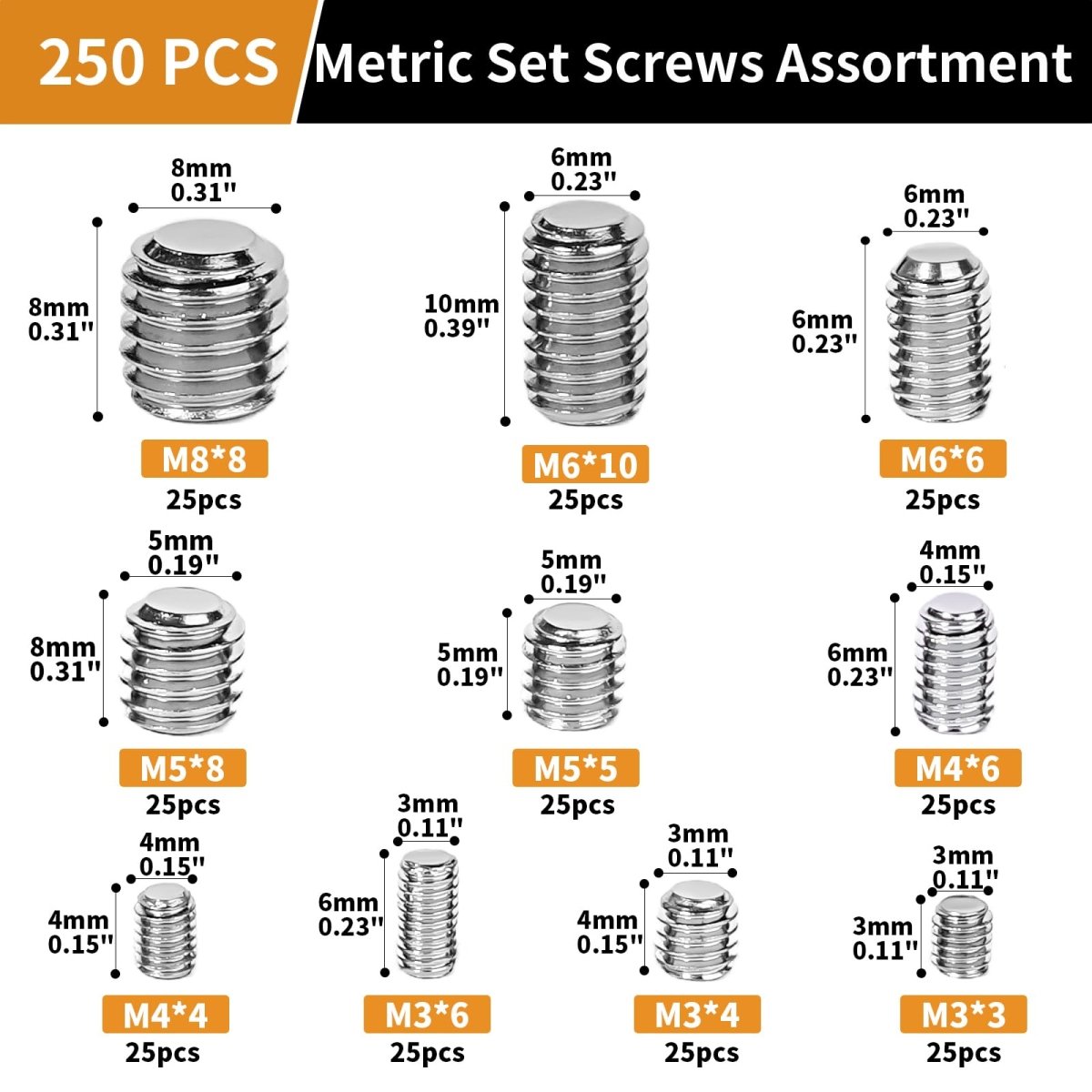 Set Screw Assortment Kit (250 Pcs) - Metric Sizes M3, M4, M5, M6, M8 - 304 Stainless Steel Cupped & Hex Head Screws - Perfect for Door Knobs, Home Repair, Furniture, and More! - HomeDIYer