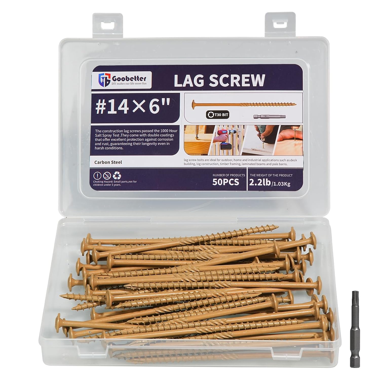 50Pcs #14 x 6" Heavy Duty Lag Screws – Yellow Coated Structural Wood Screw, T30 Star Drive, Washer Head, Includes Bit