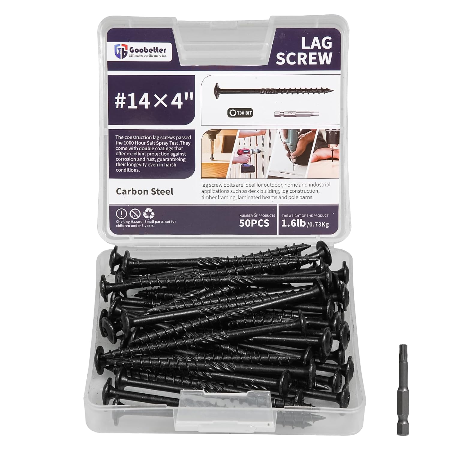 Goobetter 50 Pack 4-Inch Heavy Duty Lag Screws - #14 x 4 Structural Wood Screws, Black Rust-Resistant Coating, T30 Star Drive, Washer Head for Decks & Log Construction