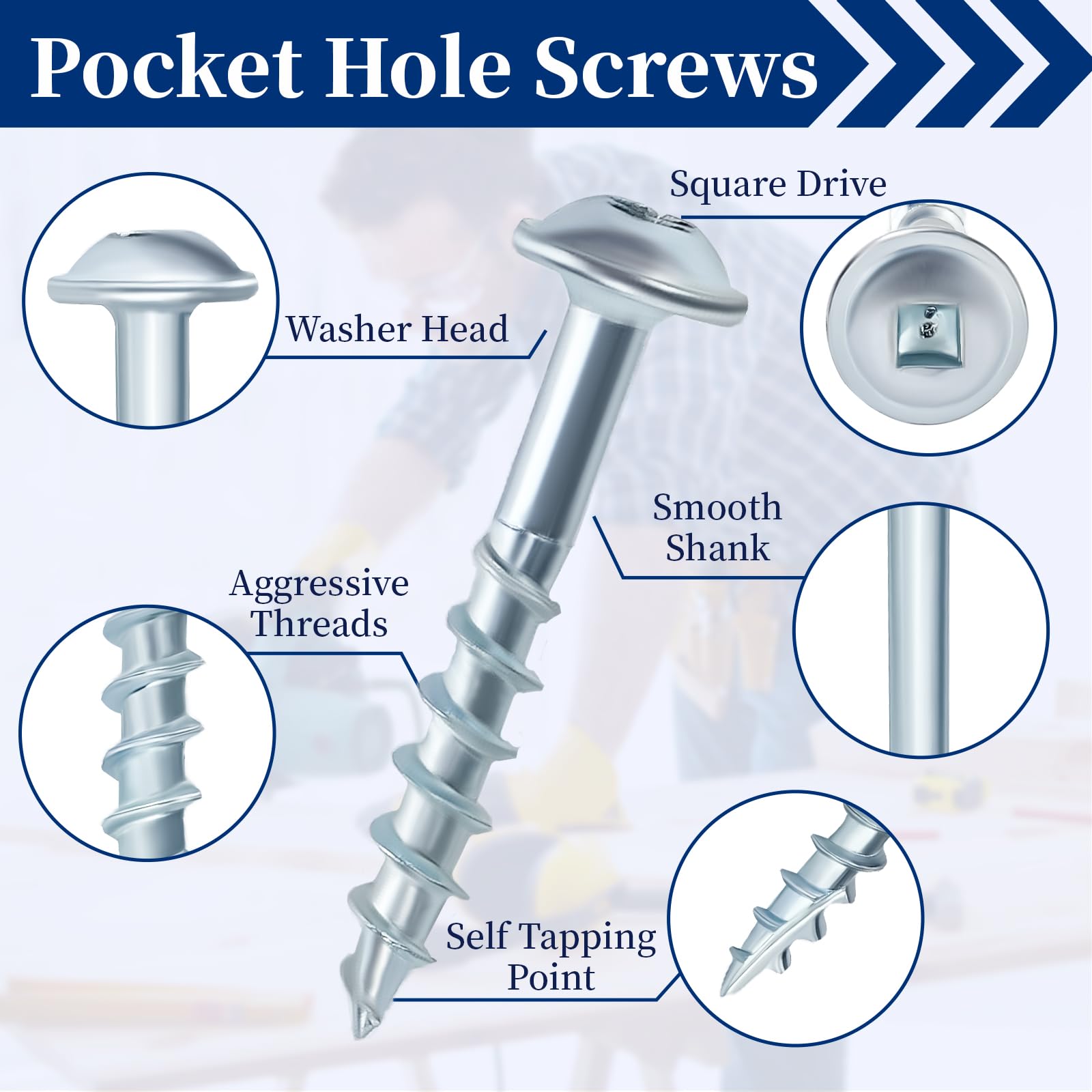 Goobetter 100Pcs 1-1/4" Pocket Hole Screws #8 | Includes Square Drive Bit