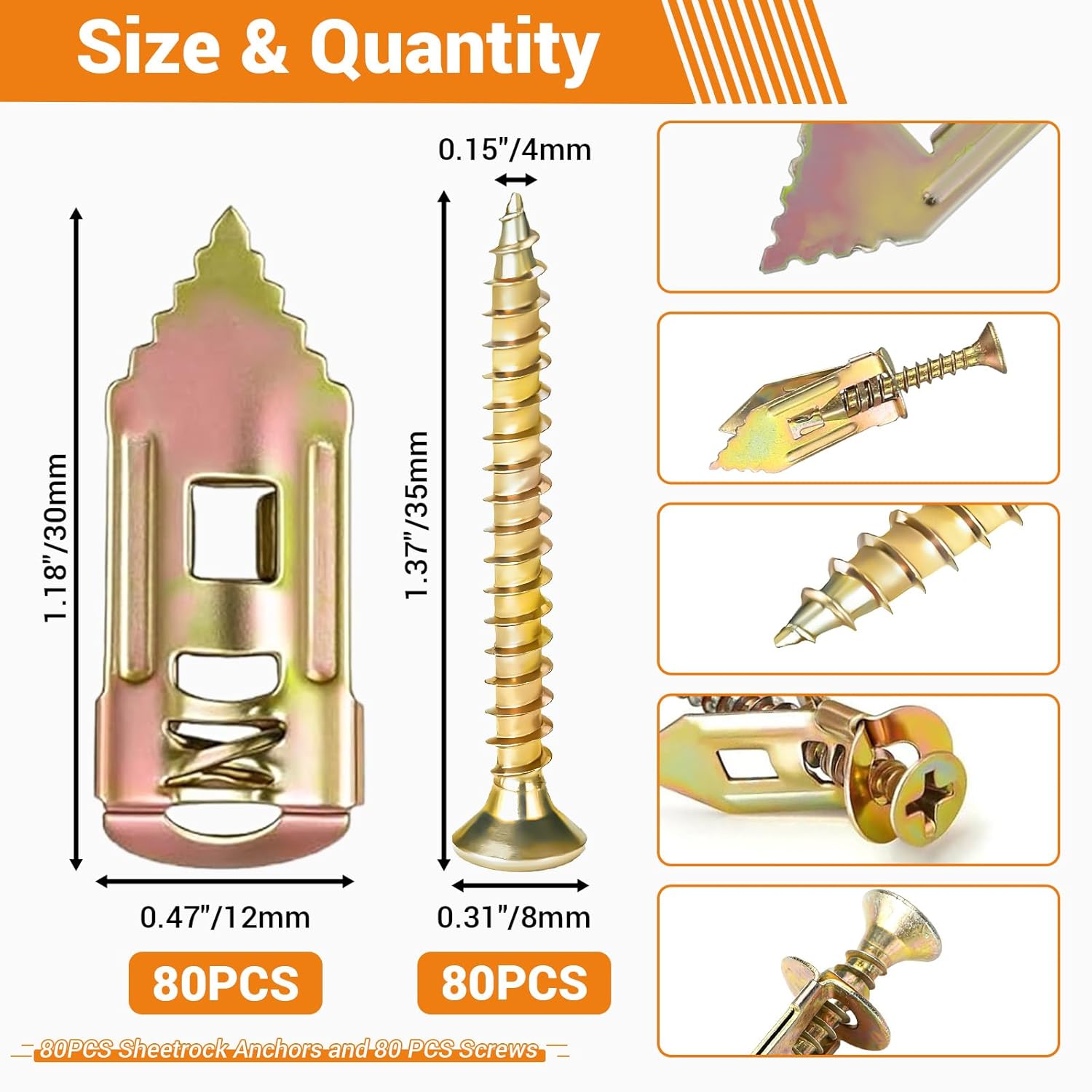 160 PCS Self Drilling Drywall Anchors with Screws Kit – Easy No-Drill Installation, 80 Anchors + 80 Screws (0.47 x 1.18 inch)
