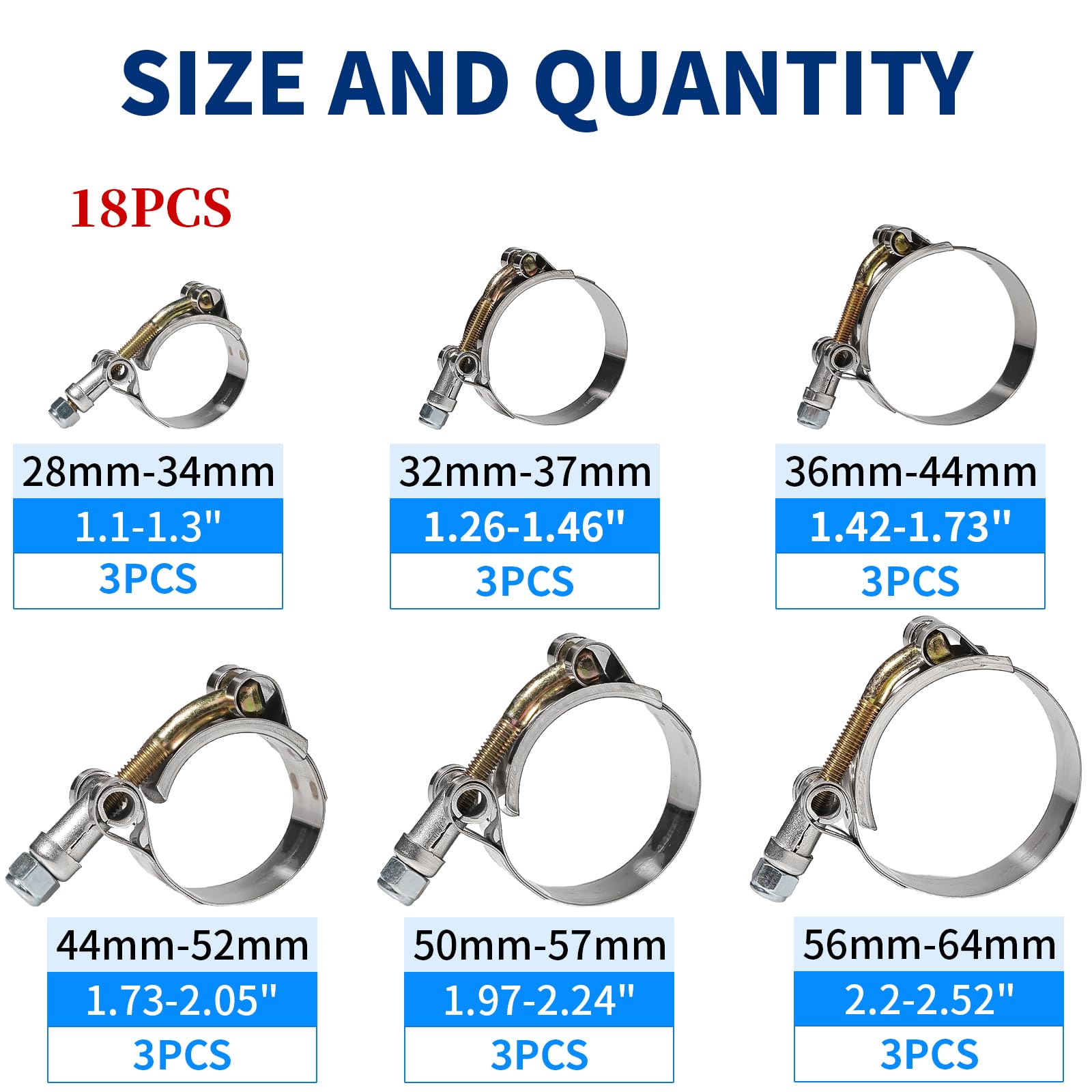 18 Pcs 6 Sizes Goobetter T-Bolt Hose Clamps Stainless Steel, Turbo Intake Intercooler Clamps Assortment, 28-64mm Adjustable T-Bolt Heavy Duty Hose Clamp for Radiator, Automotive, Washing Machine