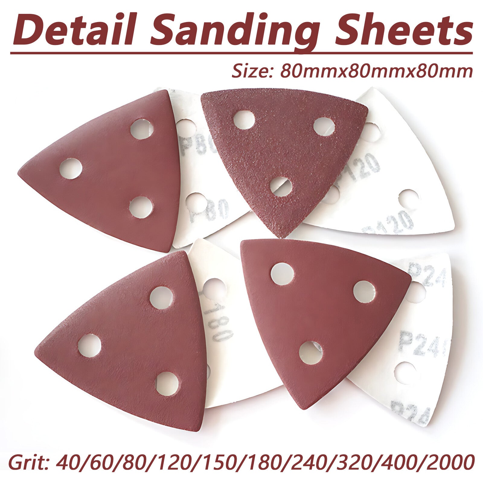 Hook and Loop 80mm Delta Sanding Sheets Triangular Detail Sandpaper Pads 3 Hole