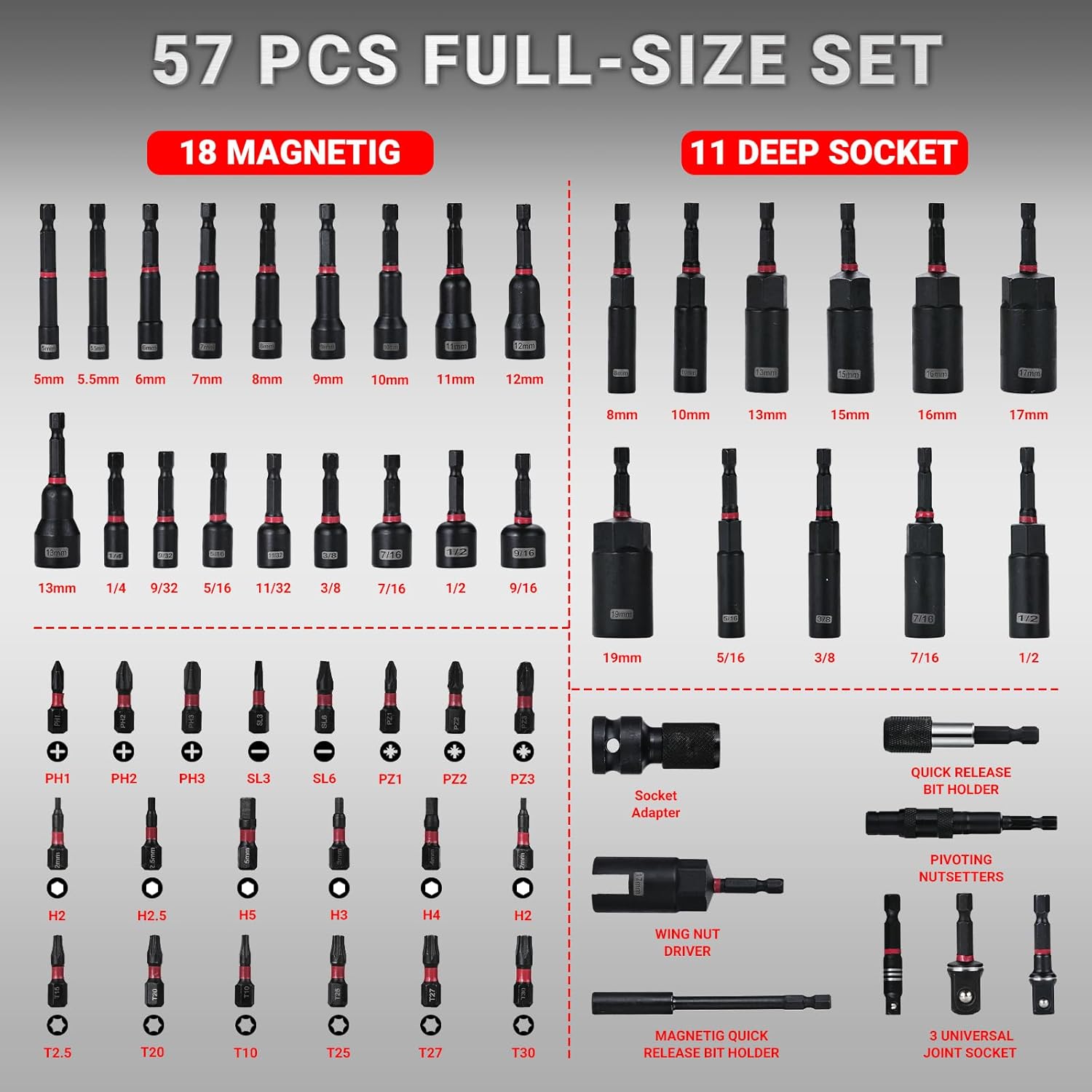 Magnetic Impact Nut Driver Set, 57PCS Nut Driver Set for Impact Drill, Impact Driver Socket Set with SAE & Metric Deep Nut Drivers, Socket Adapters, Wing Nut Driver, Quick Release Extension-HomeDIYer