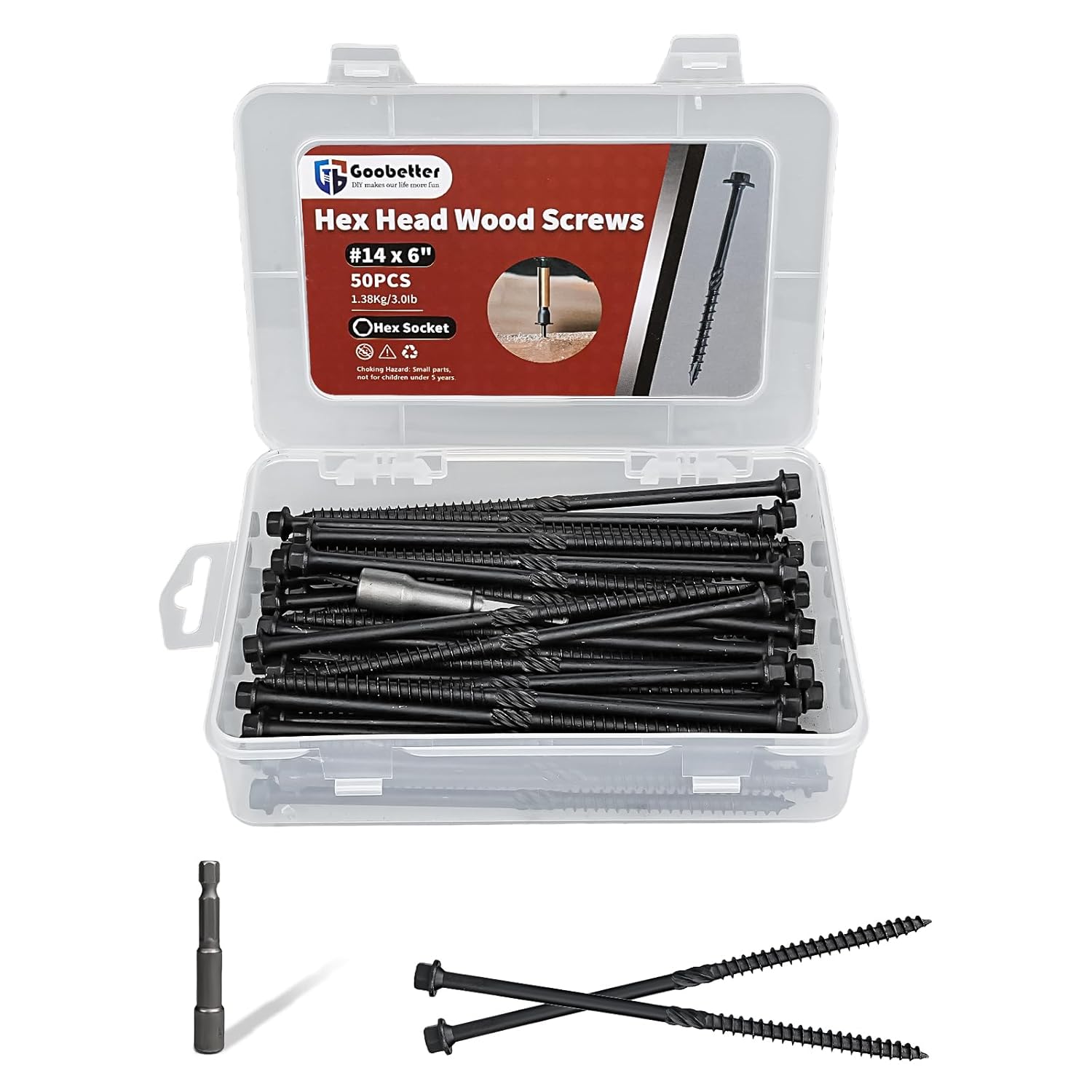 50Pcs #14 x 6" Heavy Duty Lag Screws – Structural Wood Screws, Hex Washer Head, Black Rust Resistant Coated, Hex Socket Included