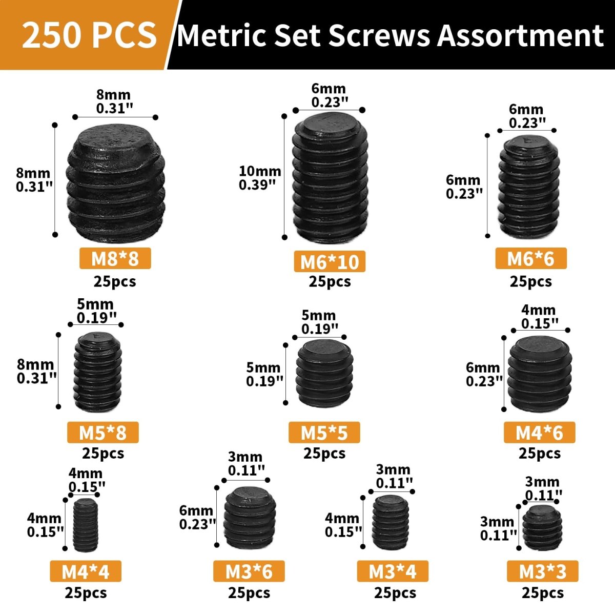 Set Screw Assortment Kit (250 Pcs) - Metric Sizes M3, M4, M5, M6, M8 - Carbon Steel Cupped & Hex Head Screws - Perfect for Door Knobs, Home Repair, Furniture, and More! - HomeDIYer